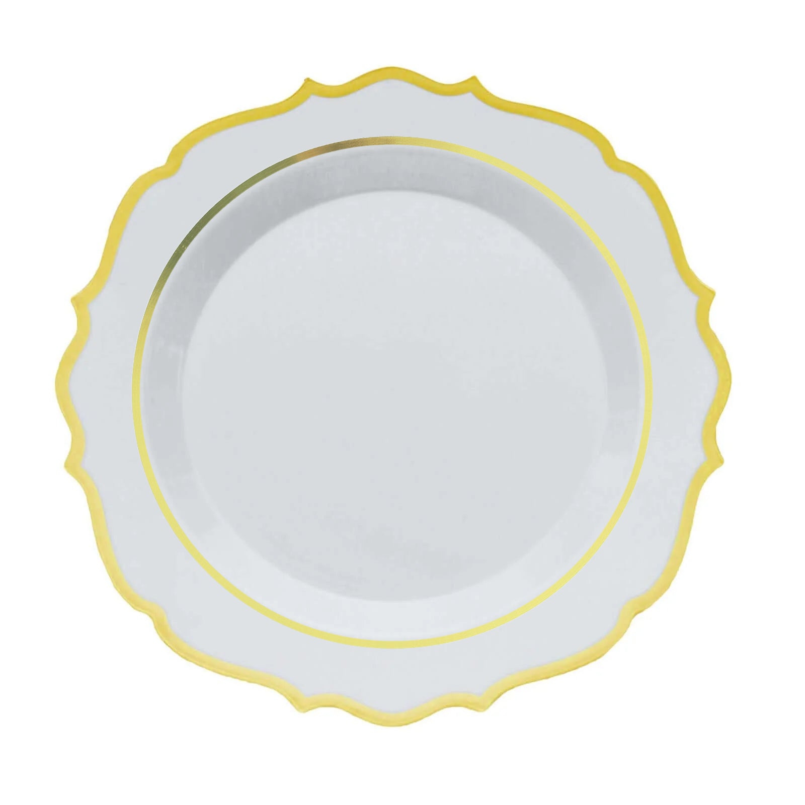 10-Piece Set of Disposable White Plastic Round Dinner Plates with Gold Scalloped Rims for Elegant Parties