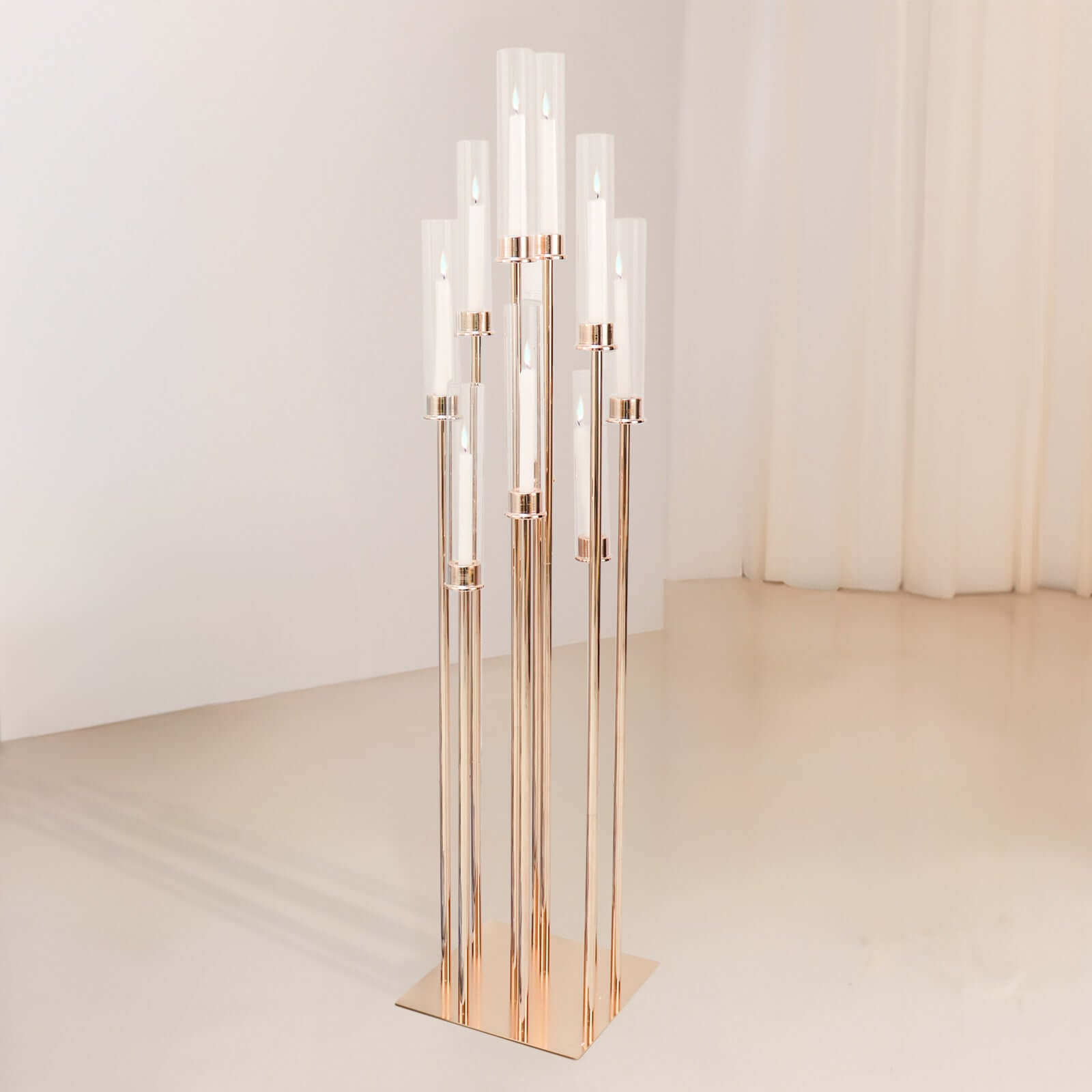 Stylish 10-Arm Gold Cluster Taper Candle Holder with Clear Glass Shades for Gatherings