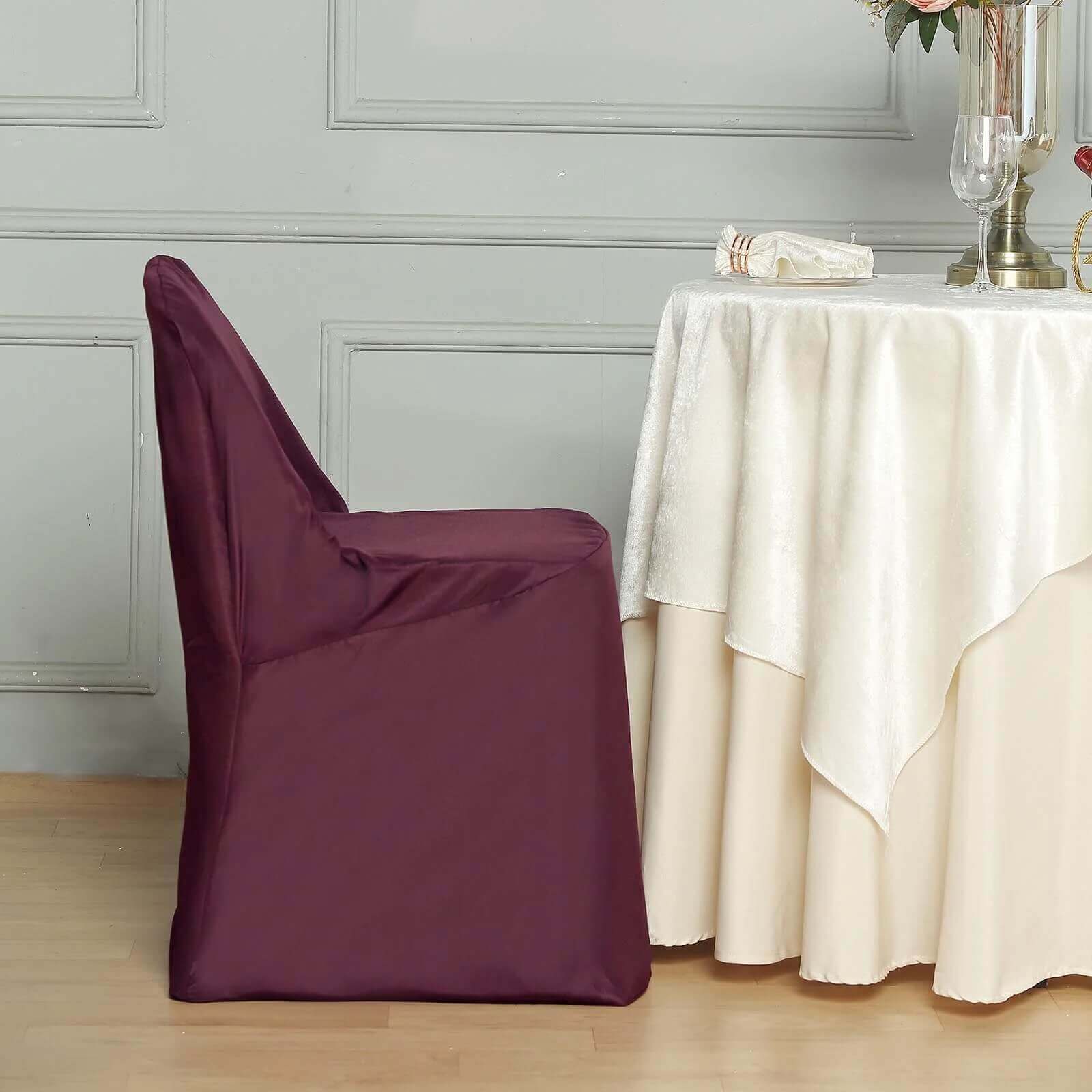 10-Piece Wrinkle-Free, Stain-Resistant Burgundy Polyester Slip-On Chair Covers for Folding Chairs