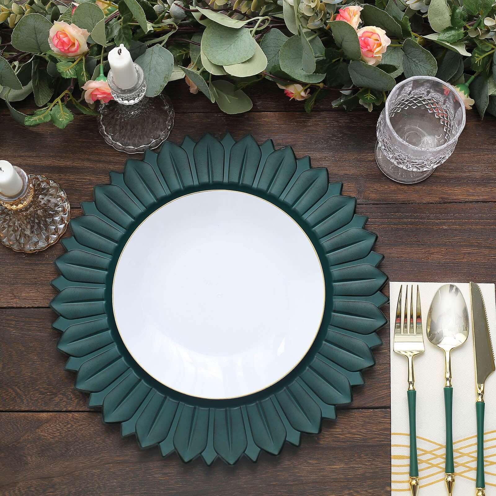 6-Piece Set of 13-Inch Matte Teal Plastic Round Charger Plates with Sunflower Rim