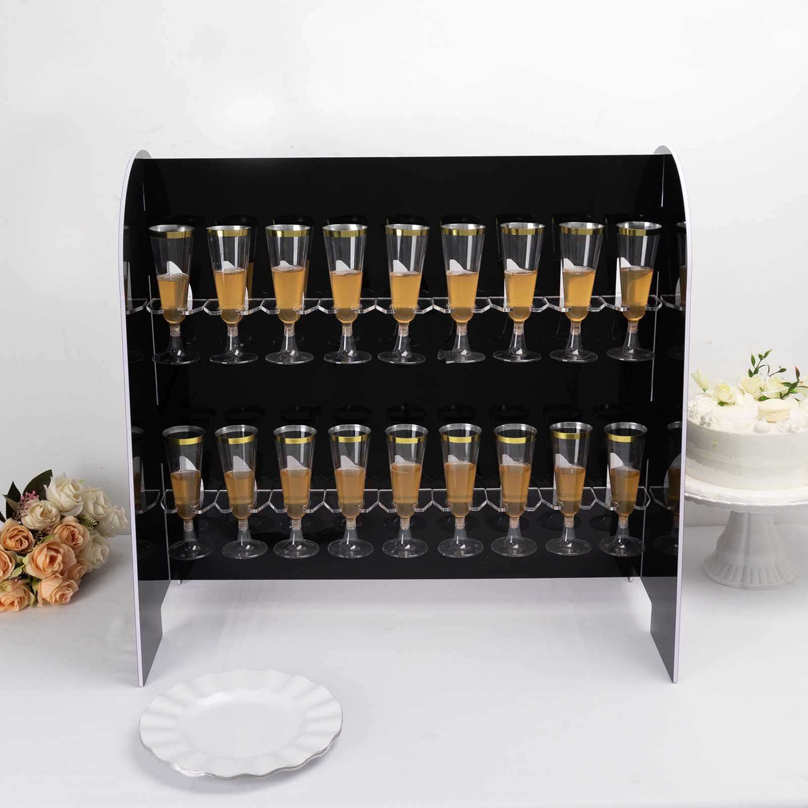 Hot! 2-Tier Glossy Black Champagne Glass Holder Stand with 18 Hooks for Events & DIY Bars