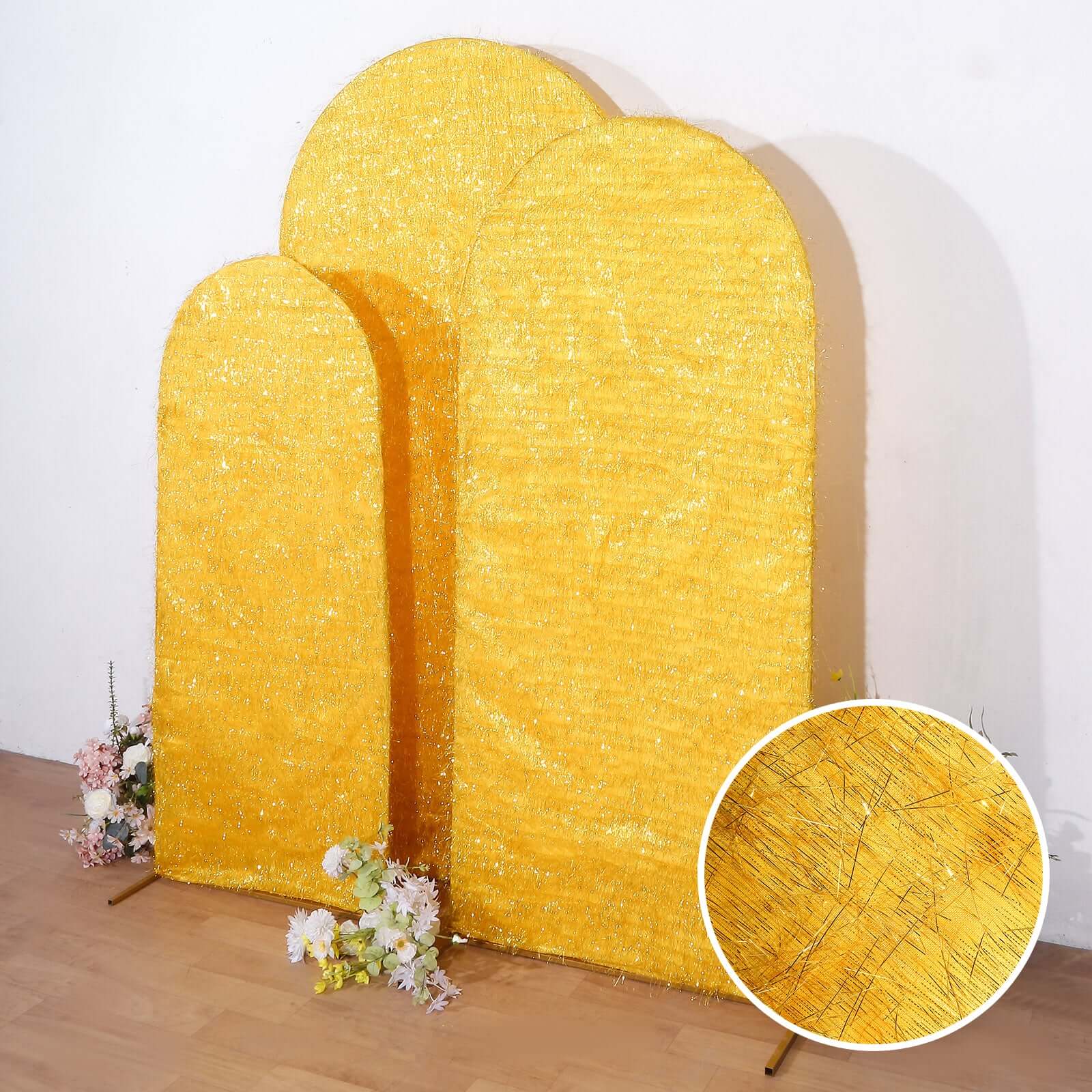 Hot Sale! Set of 3 Gold Metallic Fringe Covers for Chiara Round Top Wedding Arch Backdrop Stands (5ft, 6ft, 7ft)