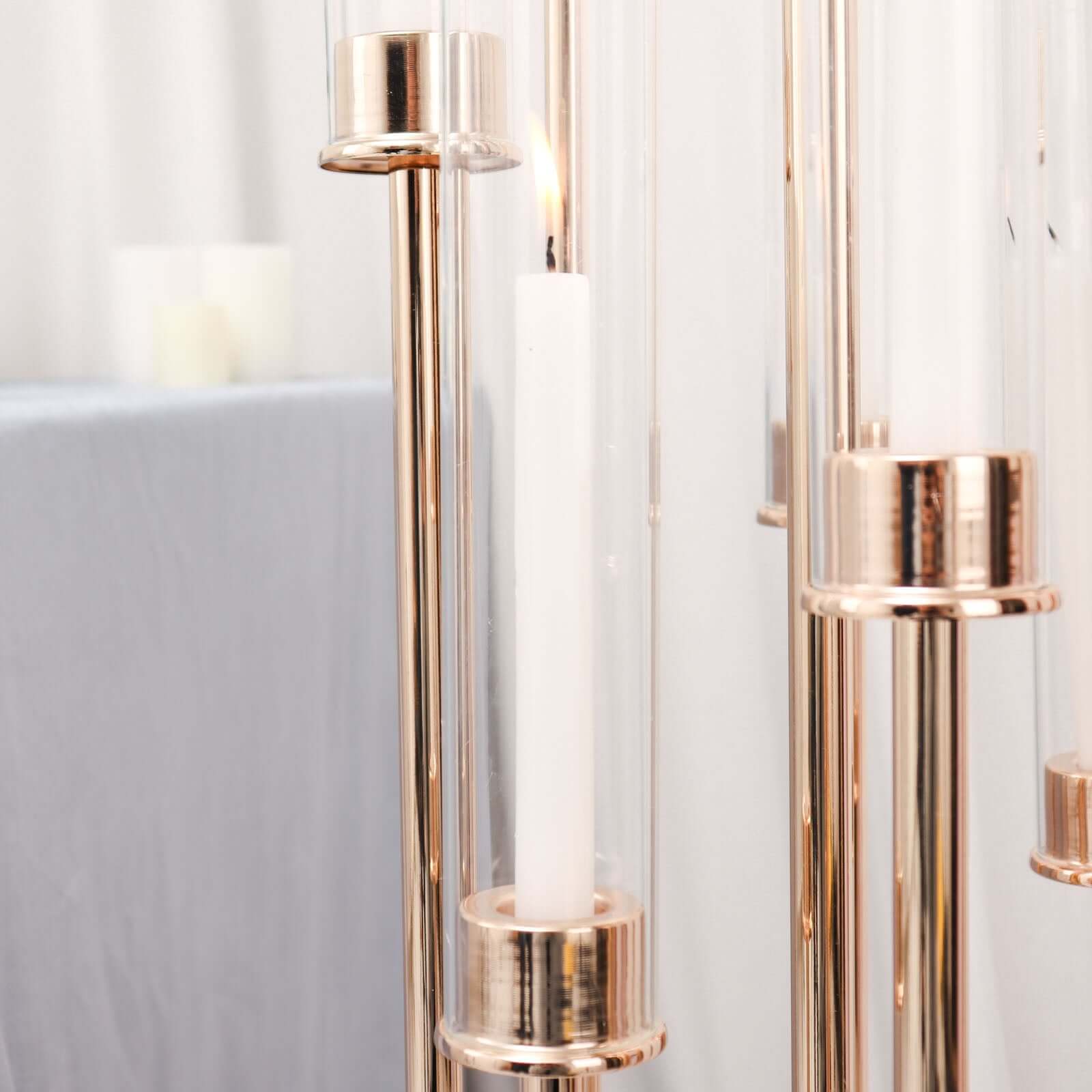 Stylish 10-Arm Gold Cluster Taper Candle Holder with Clear Glass Shades for Gatherings