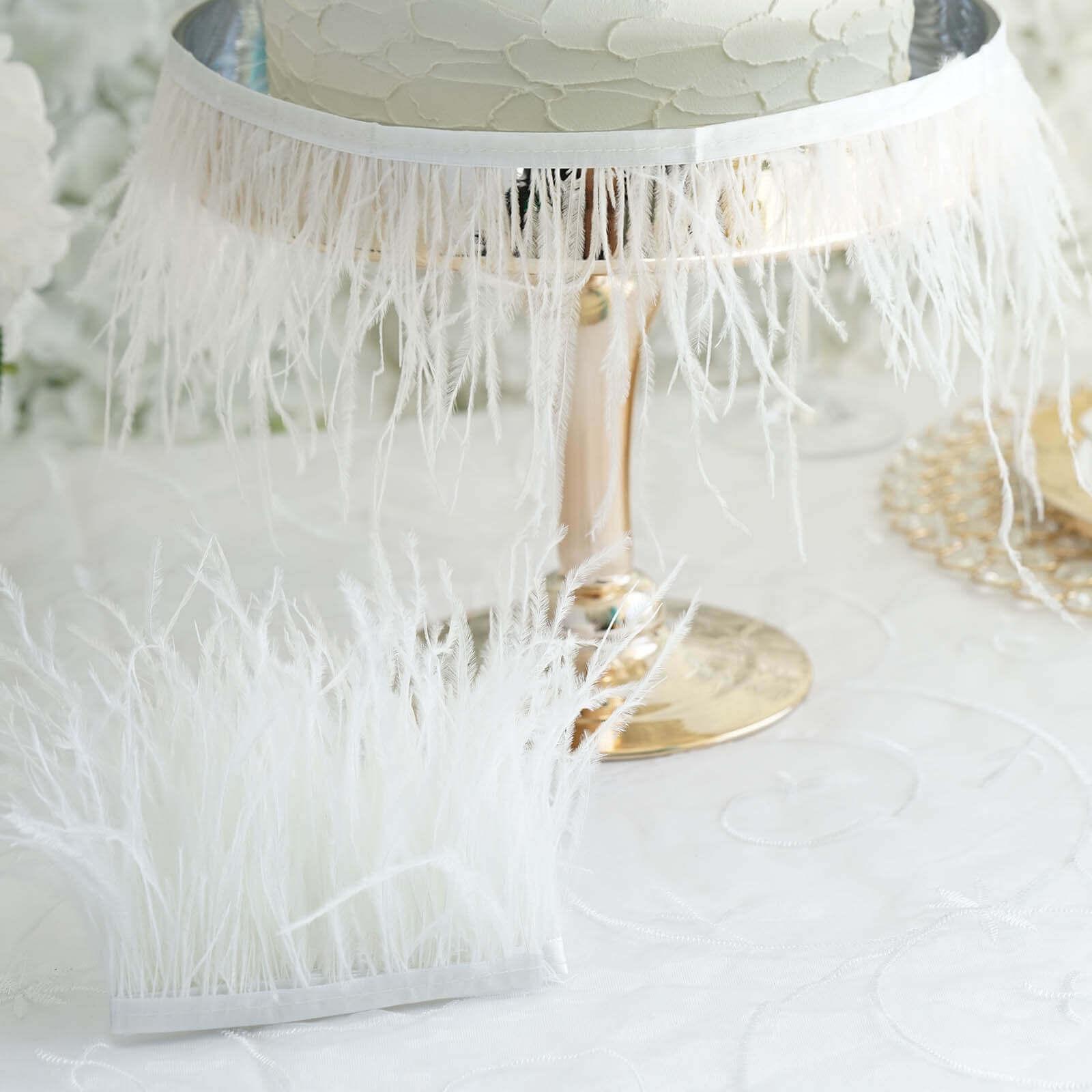 Exclusive 39-Inch White Real Ostrich Feather Fringe Trim with Satin Ribbon Tape for DIY Crafts