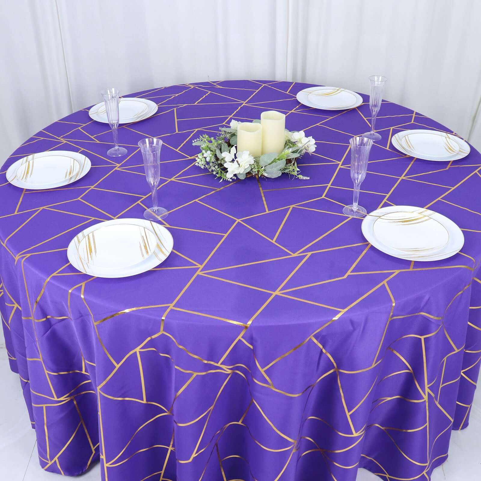 Hot! Wrinkle-Resistant Purple Polyester Round Tablecloth with Gold Foil Geometric Pattern, 120" Dia.