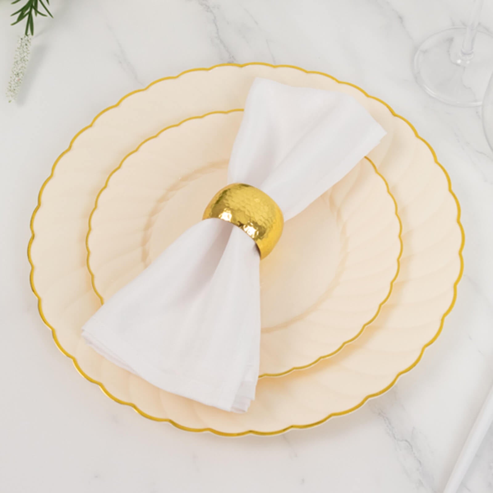 10-Pack Disposable Ivory Plastic Salad Dessert Plates with Gold Flair Rim - Great for Parties
