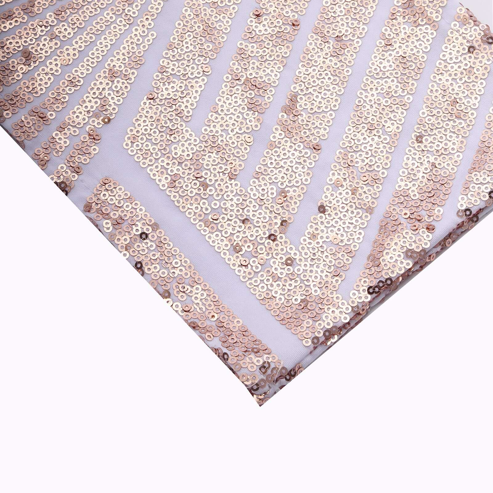 5-Piece Set of Stretchable Sequin Spandex Chair Sashes in White with Rose Gold Geometric Diamond Design