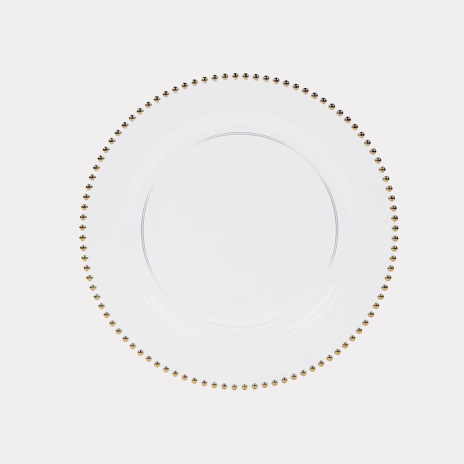10-Piece Set of Clear 13-Inch Round Plastic Charger Plates with Gold Beaded Rim for Stylish Dinner Parties