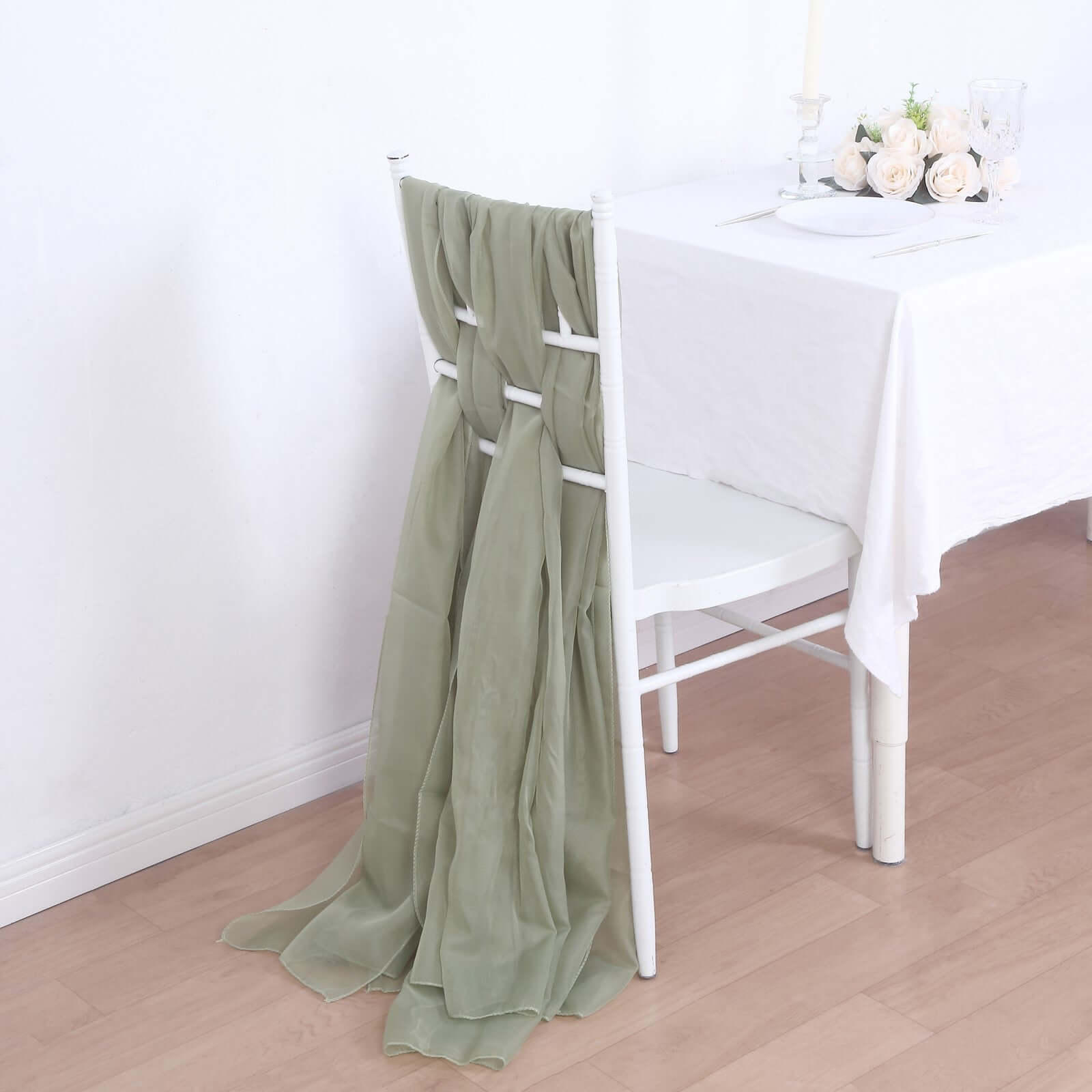 Special Offer! 5-Piece Premium Dusty Sage Green Chiffon Chair Sashes - Soft, Lightweight Designer Bows (22x78)