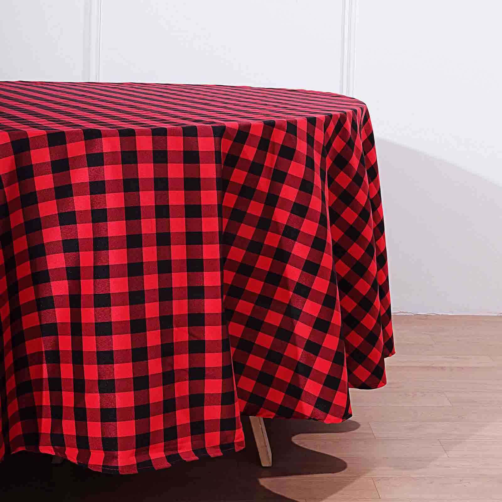 108-Inch Black and Red Buffalo Plaid Polyester Round Tablecloth - Perfect for Events