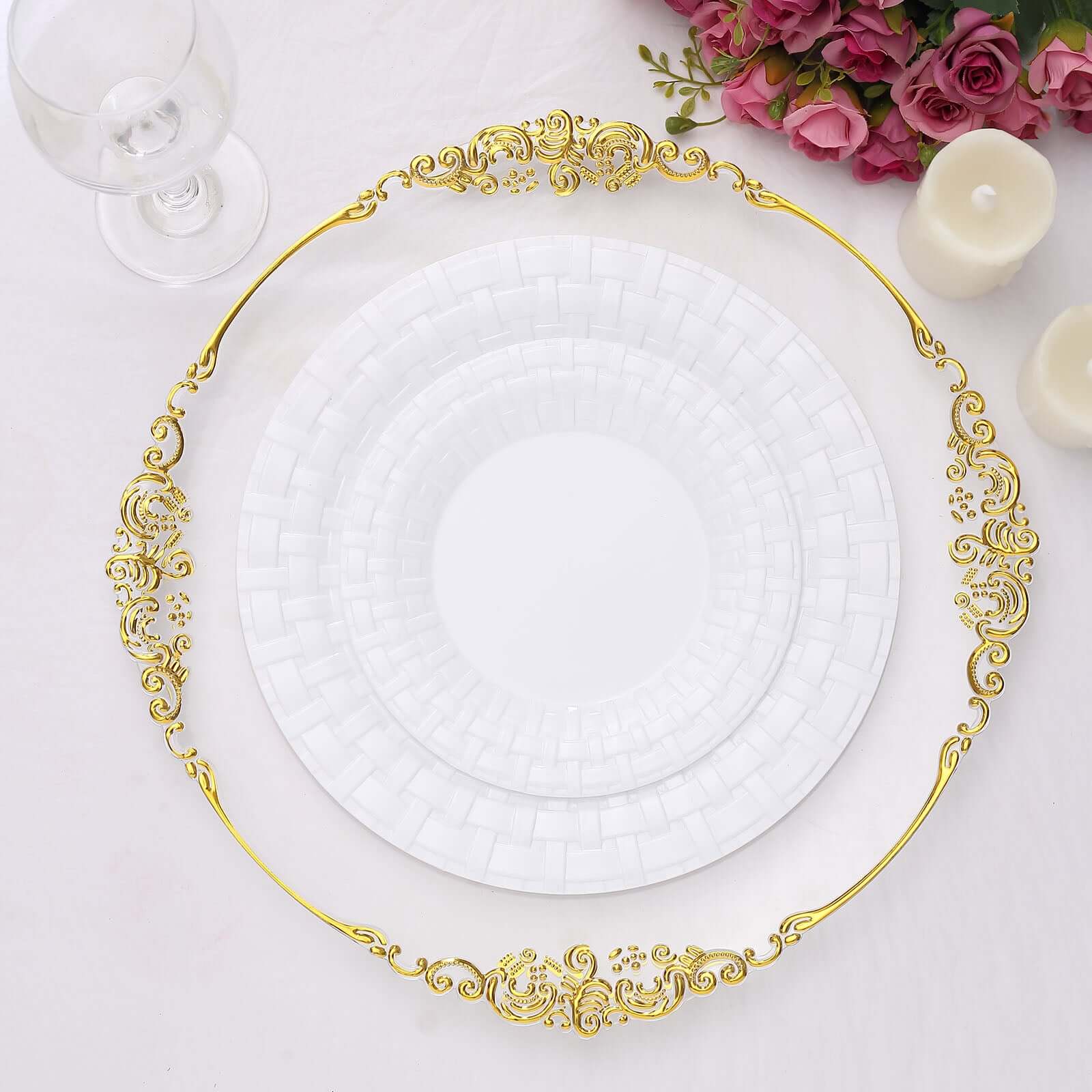 10-Piece Set of 7-Inch White Basketweave Rim Round Disposable Plastic Salad & Dessert Plates