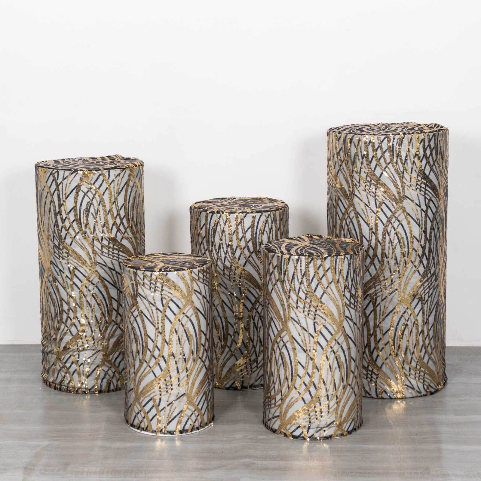 Hot! Set of 5 Embroidered Sequin Black Wave Mesh Cylinder Pedestal Stand Covers