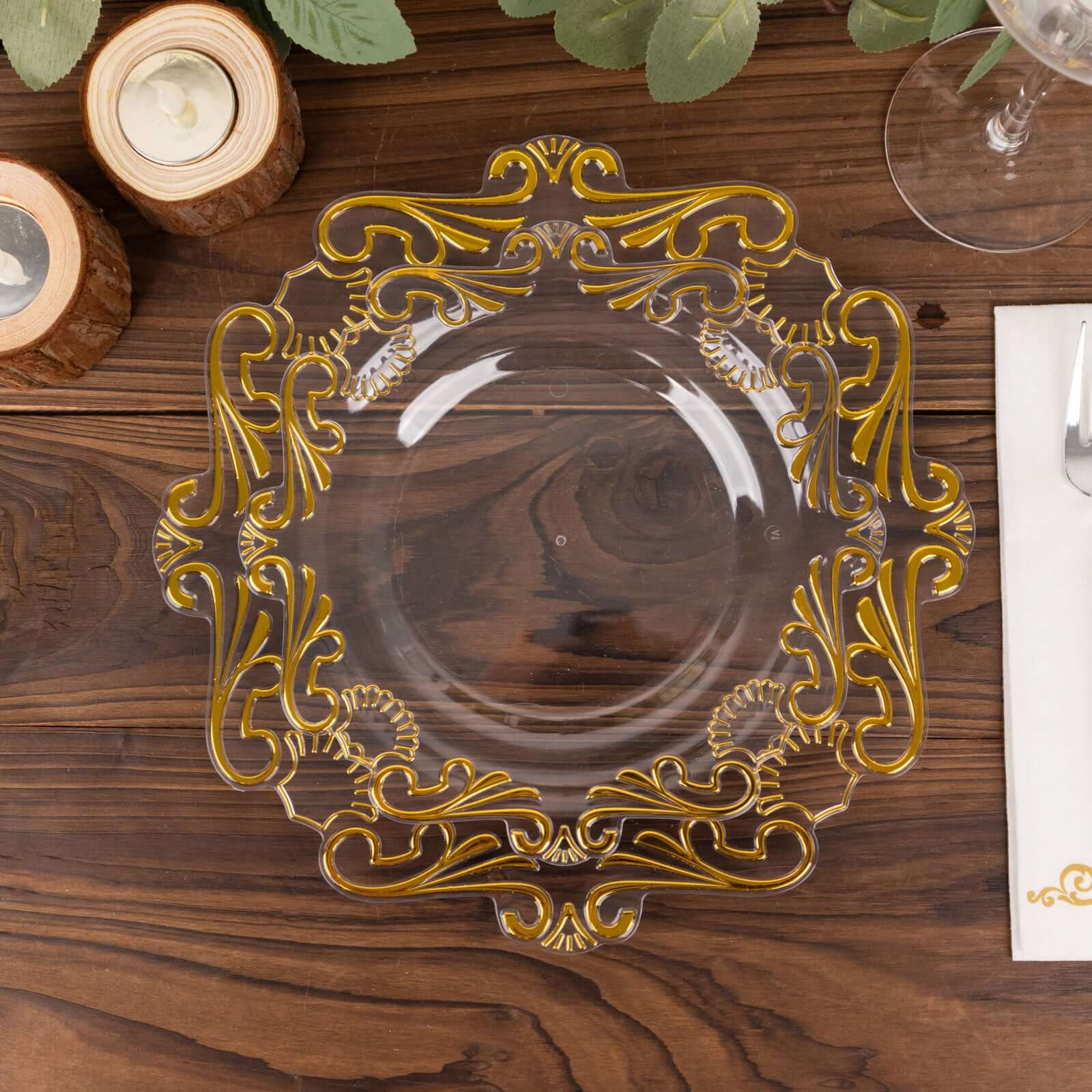 10-Piece Set of Clear Plastic Round Dessert Plates with Gold Vintage Baroque Scalloped Edge