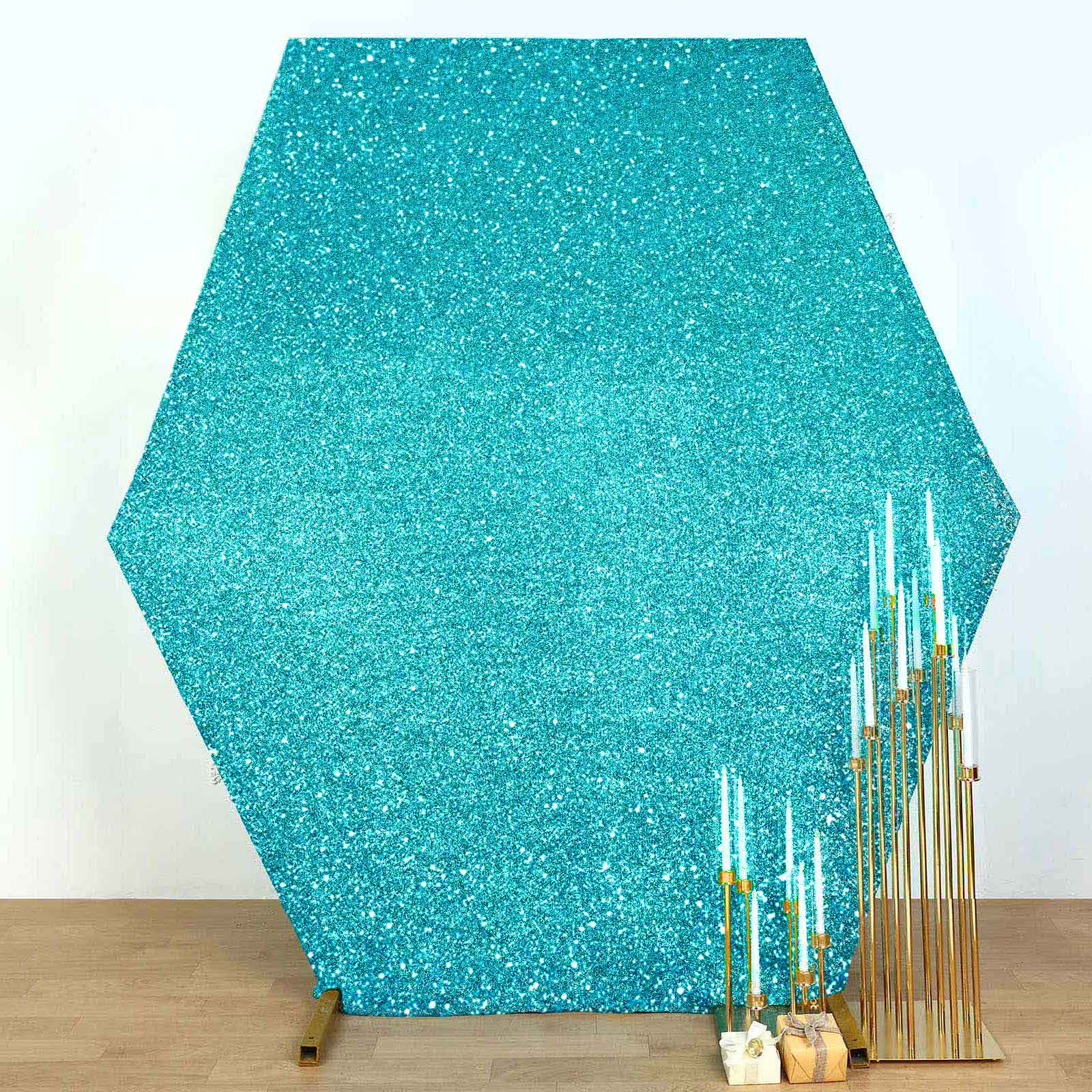 Exclusive 8ft x 7ft Turquoise Metallic Shimmer Tinsel Spandex 2-Sided Wedding Arbor Backdrop