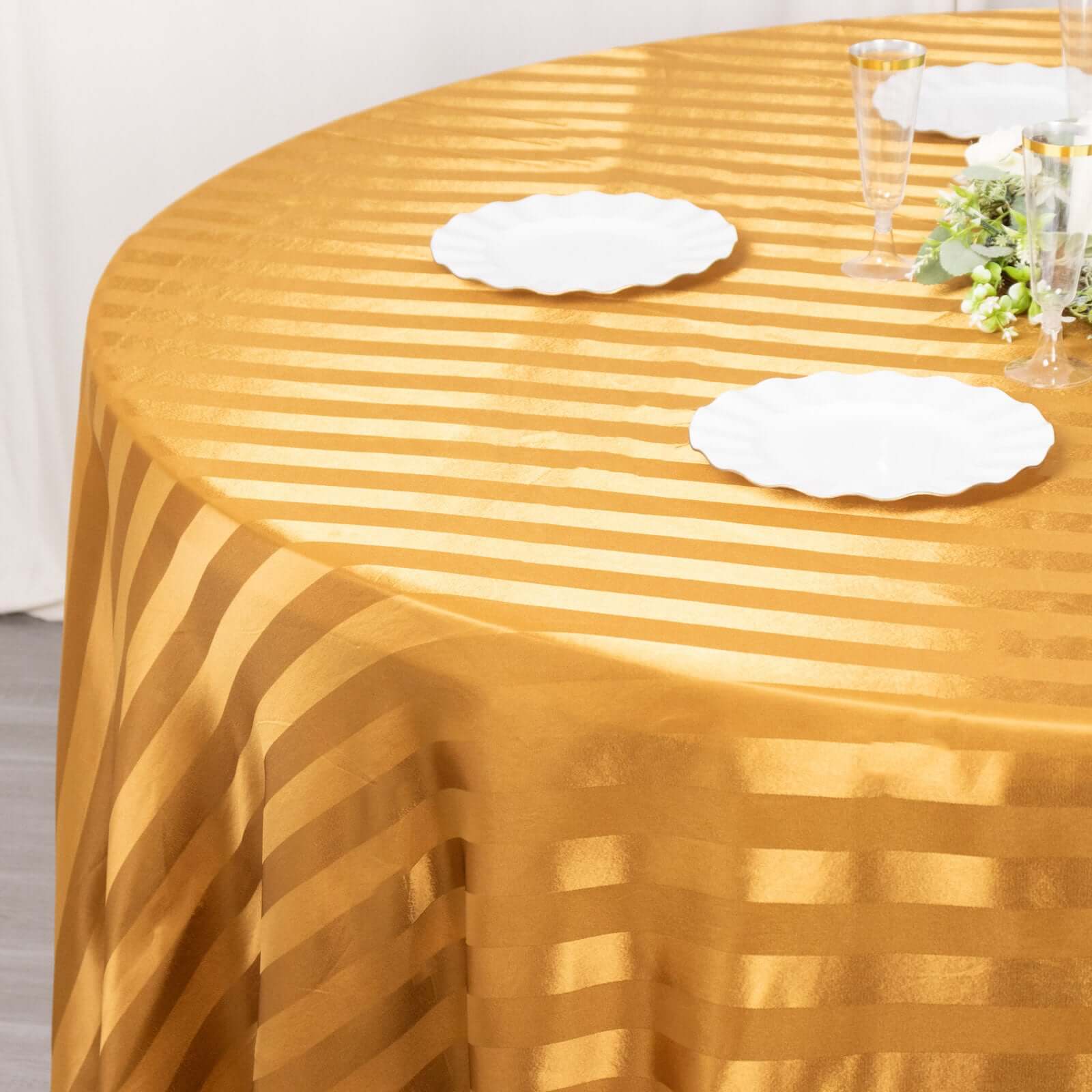 Hot Sale! 120-Inch Gold Satin Round Tablecloth with Glossy Stripes for Weddings