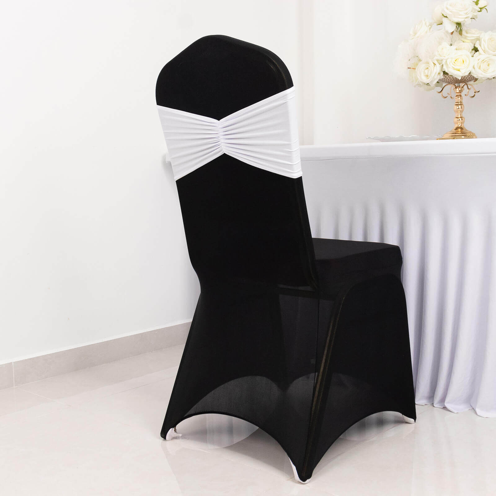 5-Pack White Ruffled Spandex Chair Sashes - Wide Stretch Bands for Elegant Weddings and Events