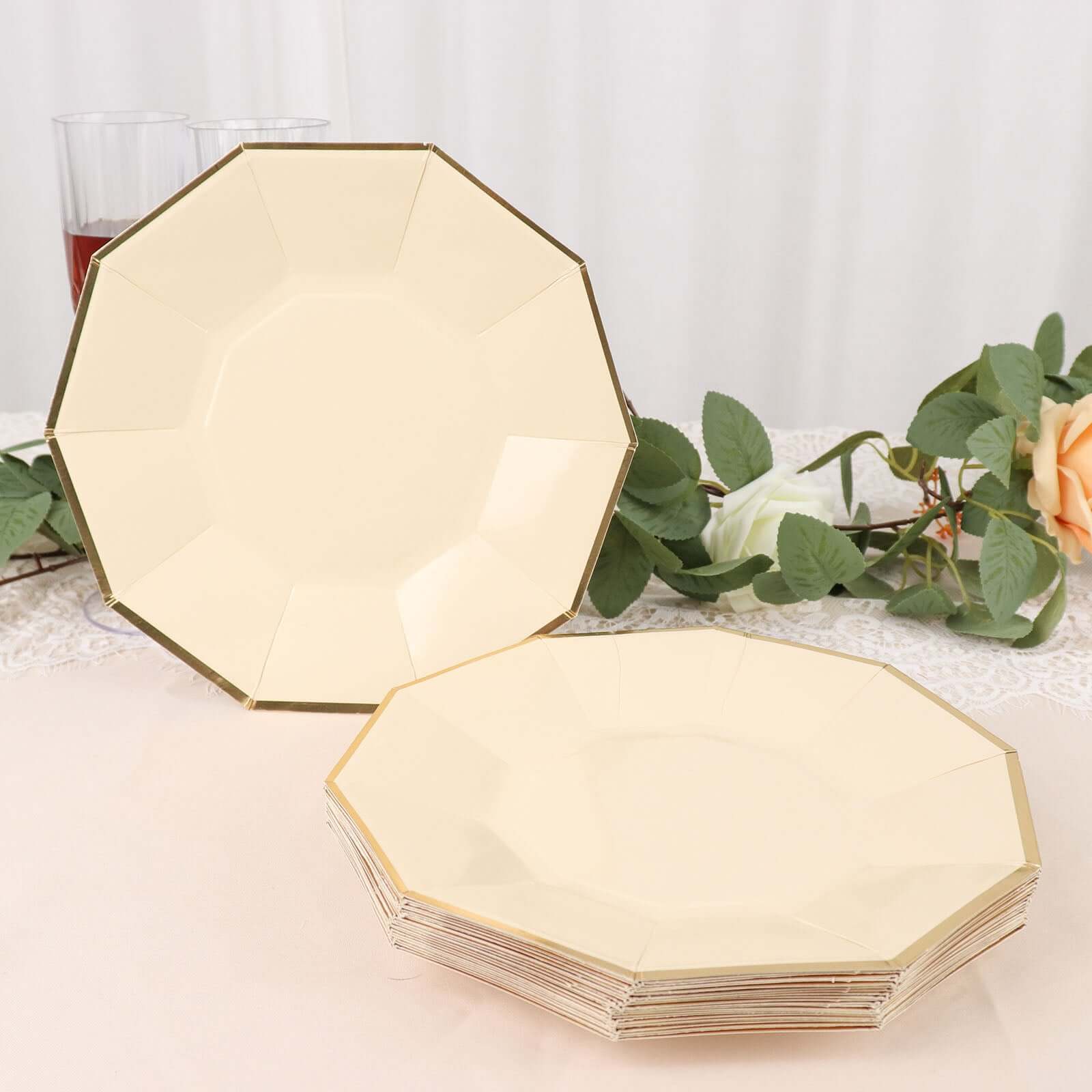 25-Piece Set of 9-Inch Beige Disposable Dinner Plates with Gold Foil Rim for Modern Weddings and Events