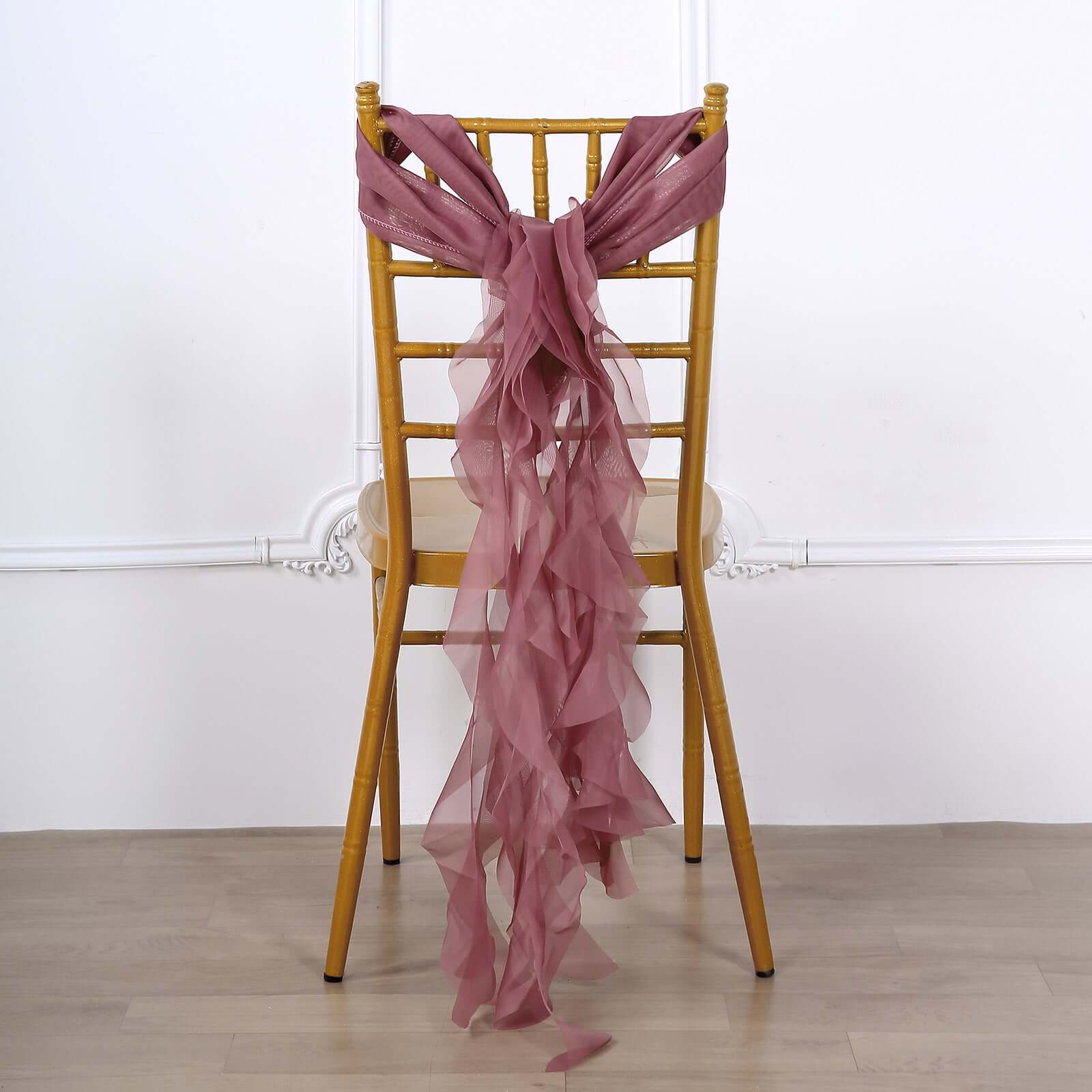 Stylish Mauve Cinnamon Rose Chiffon Chair Sashes Set with Willow Ruffles Design