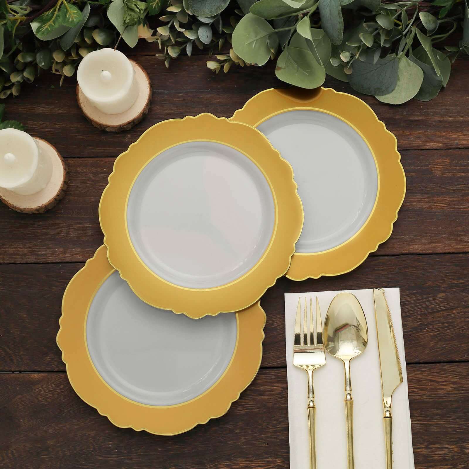 10-Pack Disposable White Plastic Dessert Plates with Gold Blossom & Edging for Elegant Table Decor