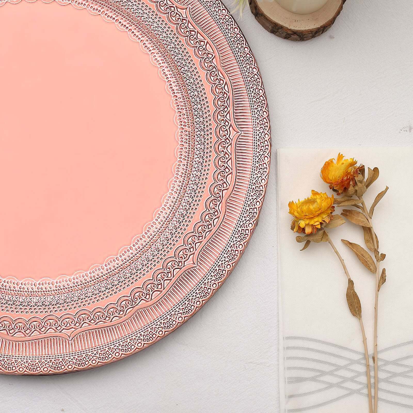 Hot Sale! 6-Pack 13-inch Rose Gold Acrylic Charger Plates with Lace-Embossed Rim for Table Decor