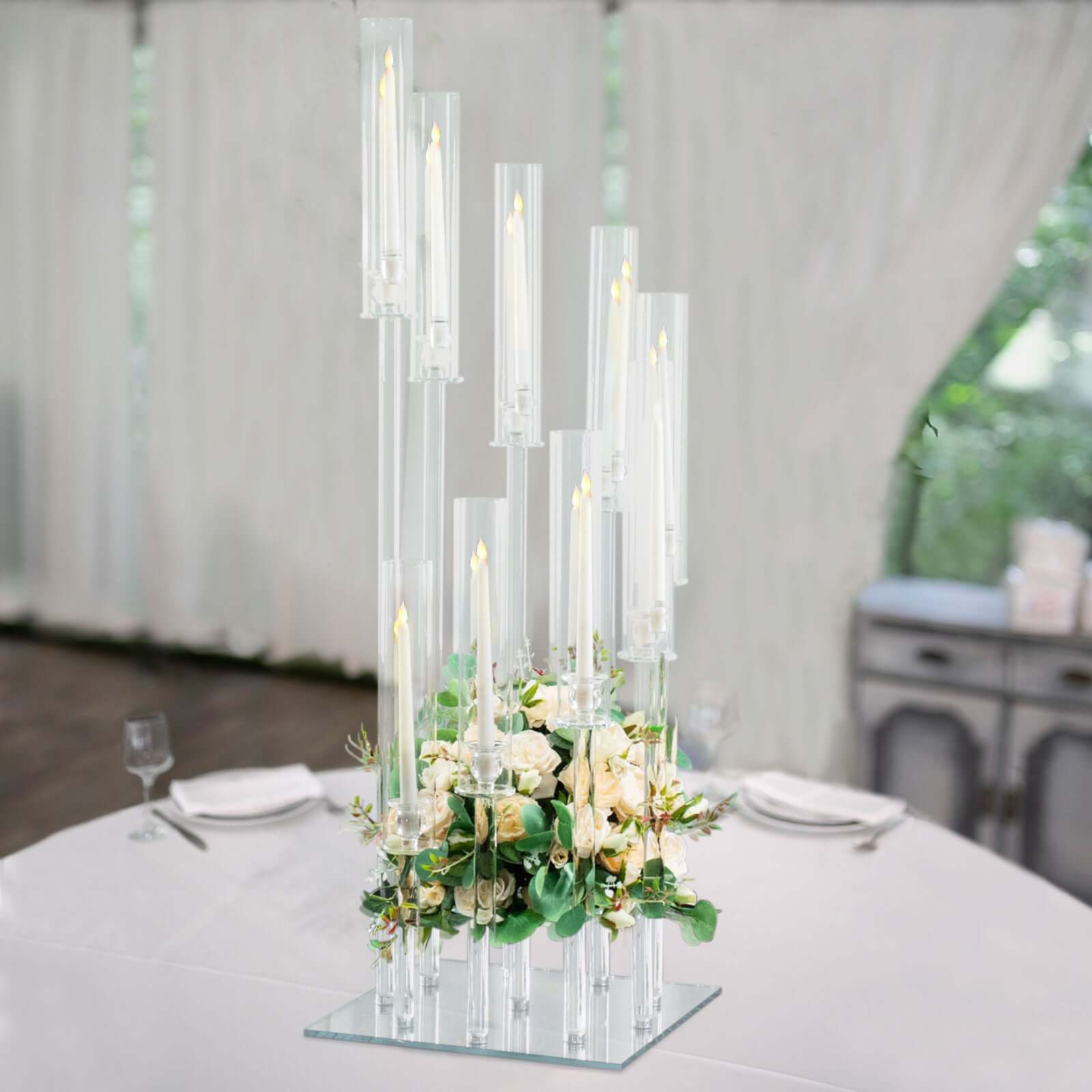 4ft Crystal Glass 9-Pillar Candelabra with Center Flower Stand - Ideal Table Centerpiece