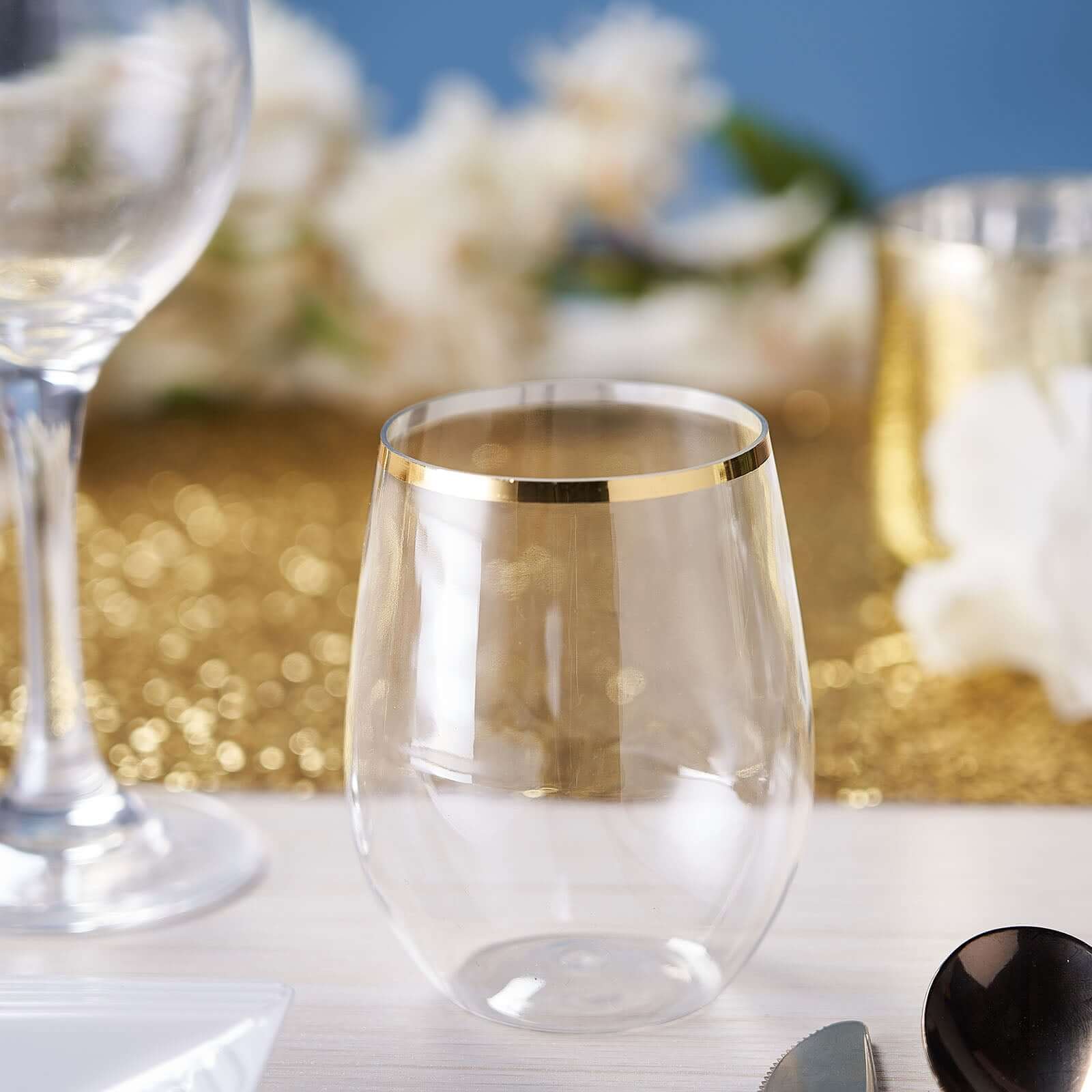 12-Pack Reusable 12oz Clear Plastic Wine Tumblers with Gold Rim - Ideal for Events