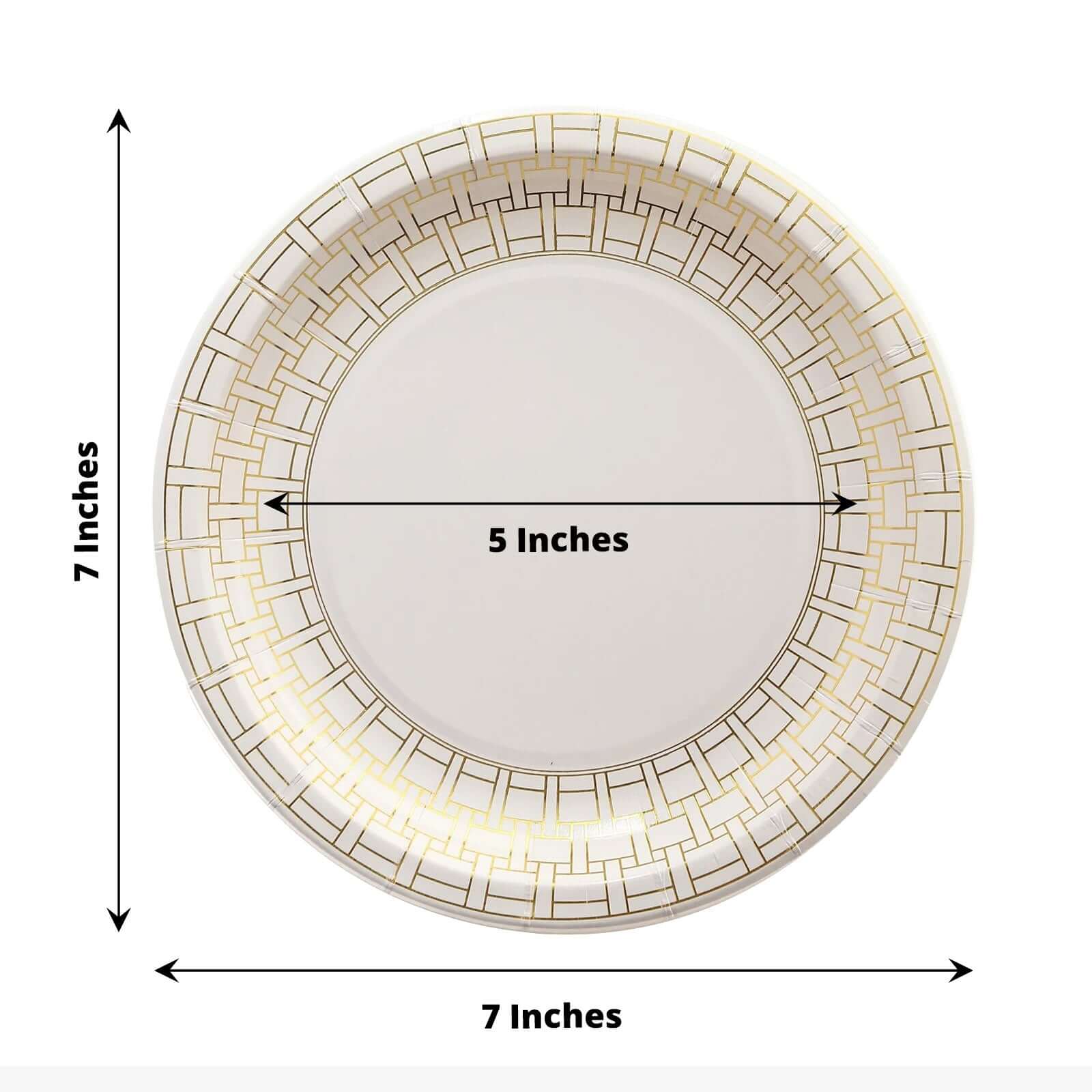 25-Piece Set of 7-Inch White Paper Dessert Plates with Elegant Gold Basketweave Rim