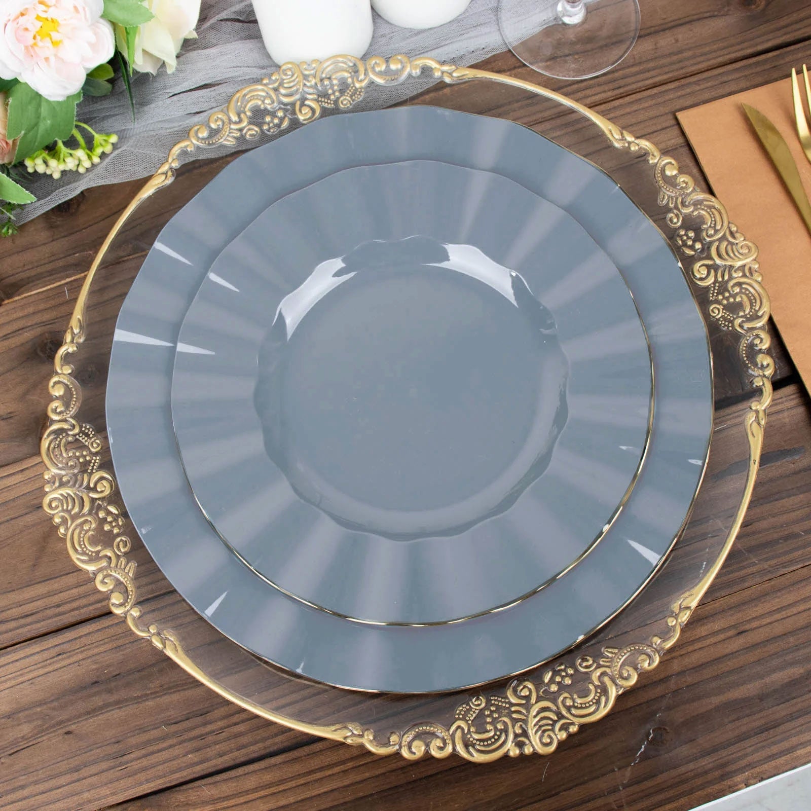10-Piece Set of Sturdy Disposable 9-Inch Round Dusty Blue Dinner Plates with Gold Ruffled Edging
