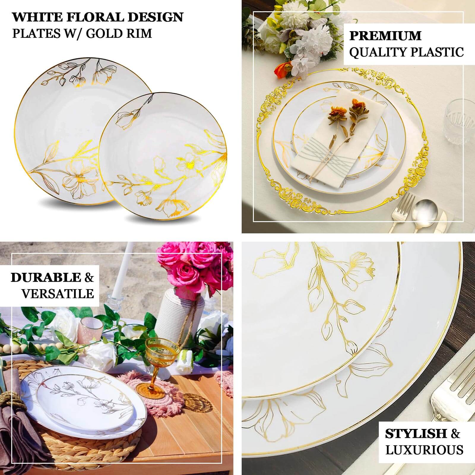 Hot Deal! Set of 20 Disposable Plastic Dinner and Dessert Plates in White with Gold Floral Design for Special Occasions