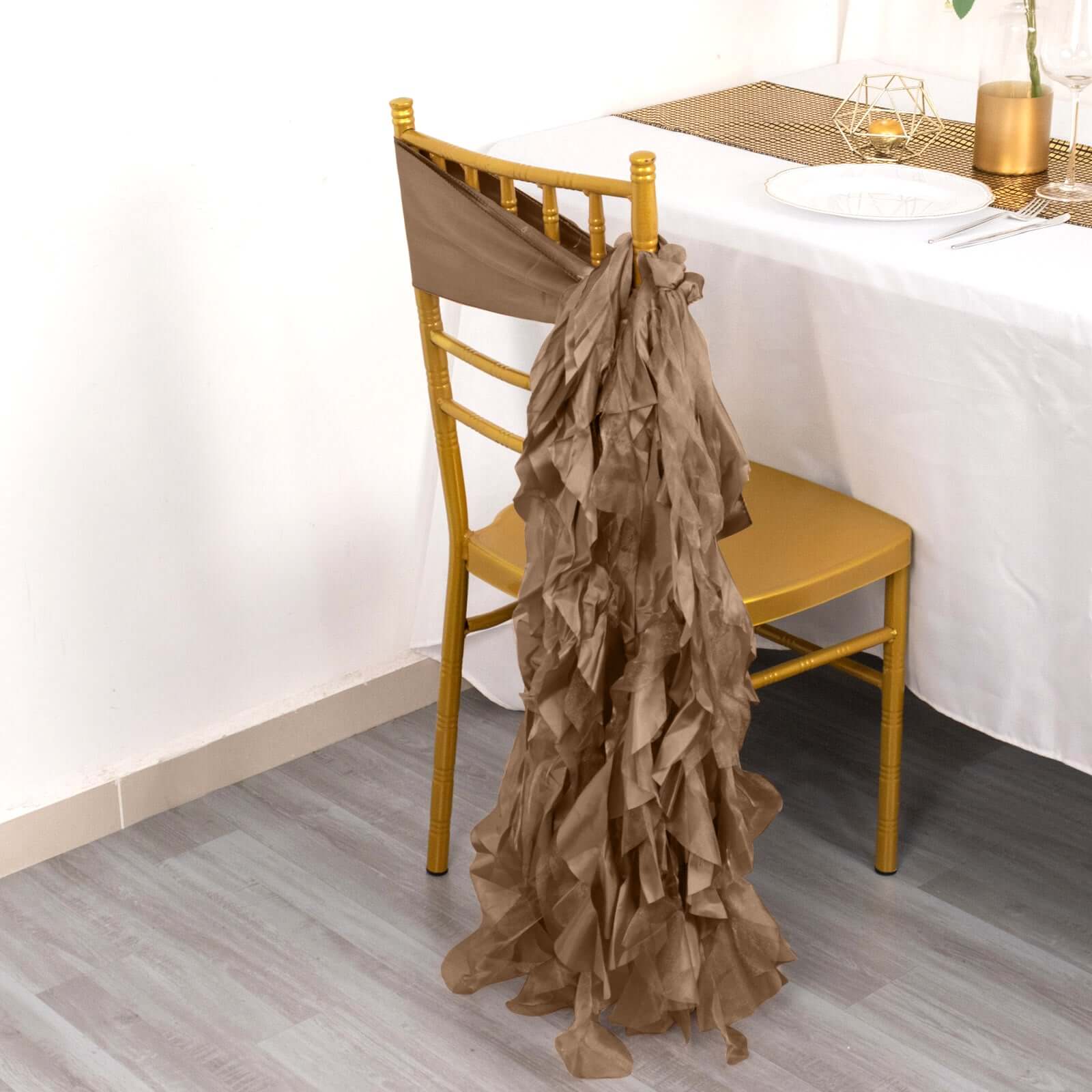 5-Piece Taupe Chiffon Satin Curly Willow Chair Sashes - Effortless Installation