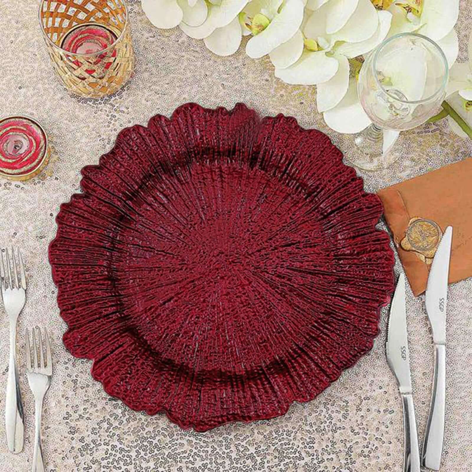 6-Piece Set of 13-Inch Burgundy Acrylic Plastic Round Dinner Charger Plates with Reef Design