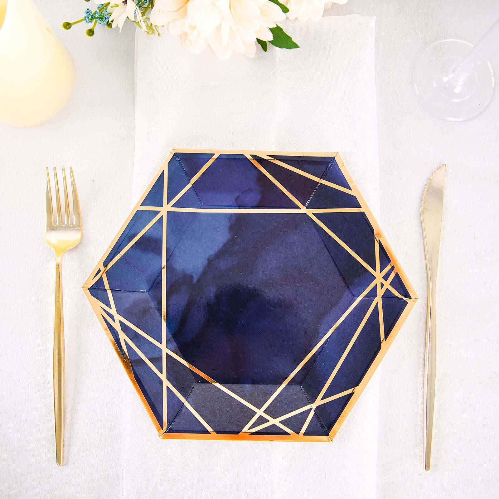 25-Pack Navy Blue & Gold Geometric Hexagon Disposable Paper Appetizer & Salad Dessert Plates
