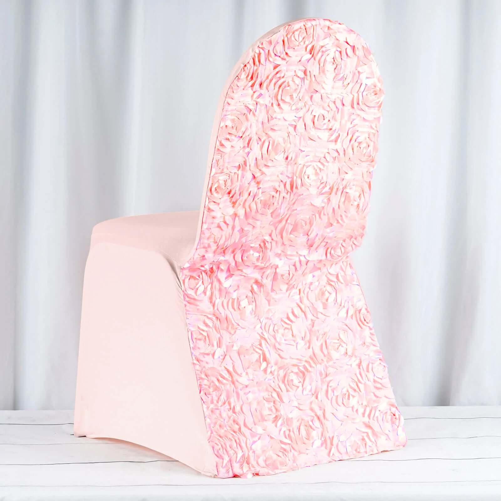 Hot Sale! Stretch Fitted Blush Satin Rosette Banquet Chair Slipcovers
