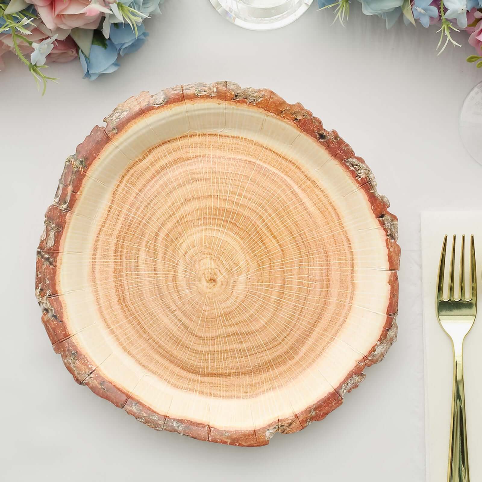 Get 25-Piece Set of Disposable Round Dinner Paper Plates with Rustic Natural Wood Slice Print