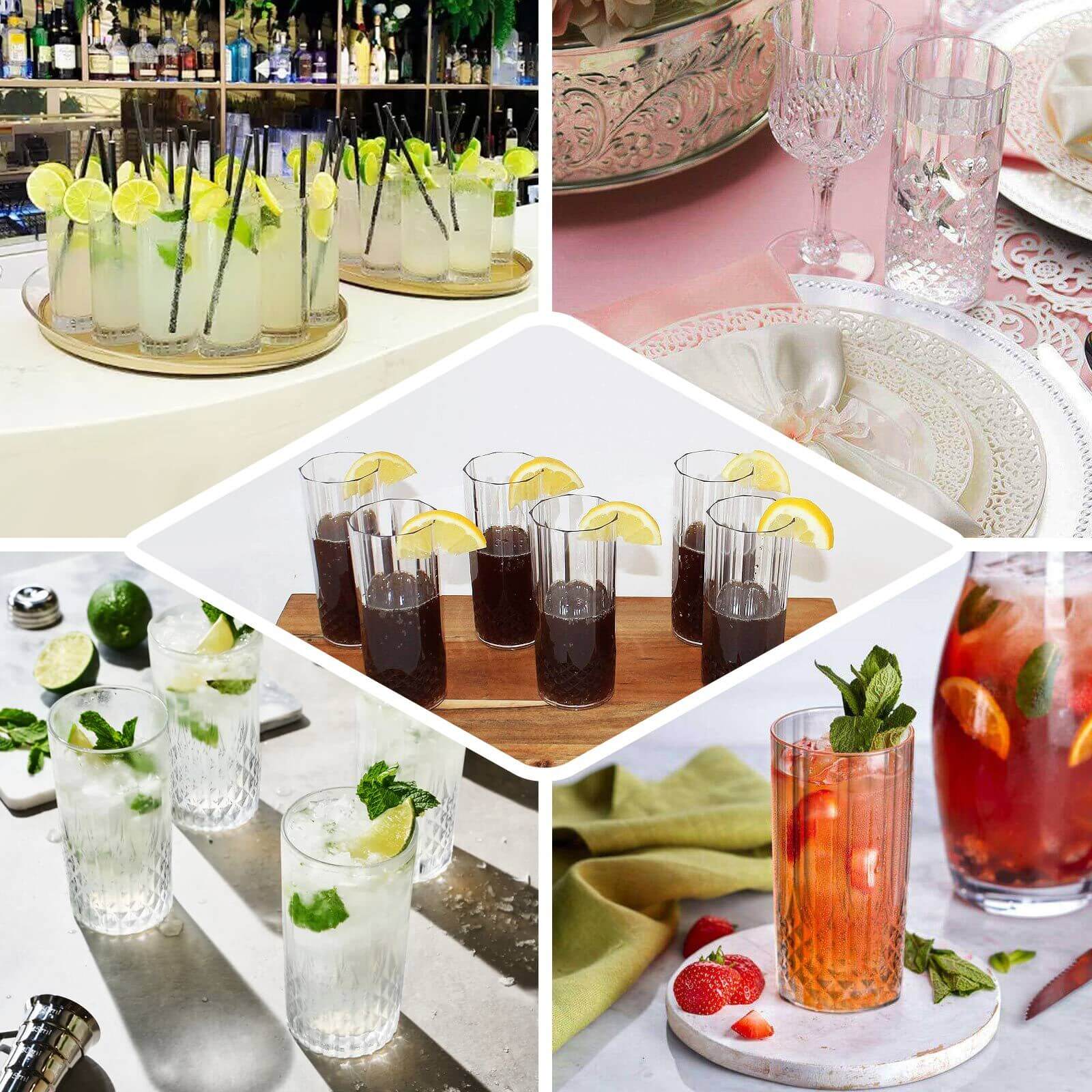 6-Pack Shatterproof 14oz Clear Plastic Highball Cocktail Tumblers with Crystal Cut Style