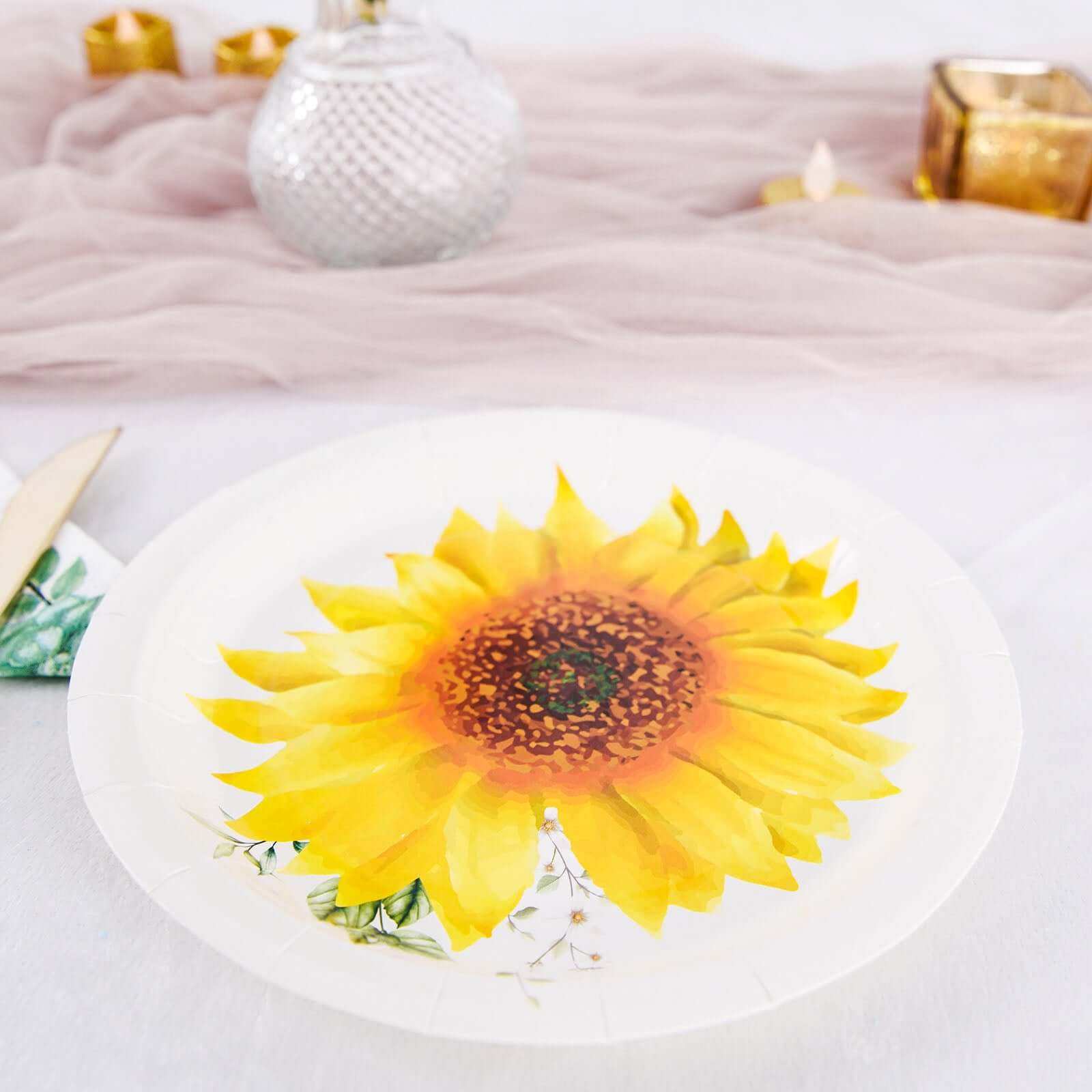 25-Pack Disposable 7-Inch Round White Paper Dessert Plates with Sunflower Design - Ideal for Rustic & Garden Events