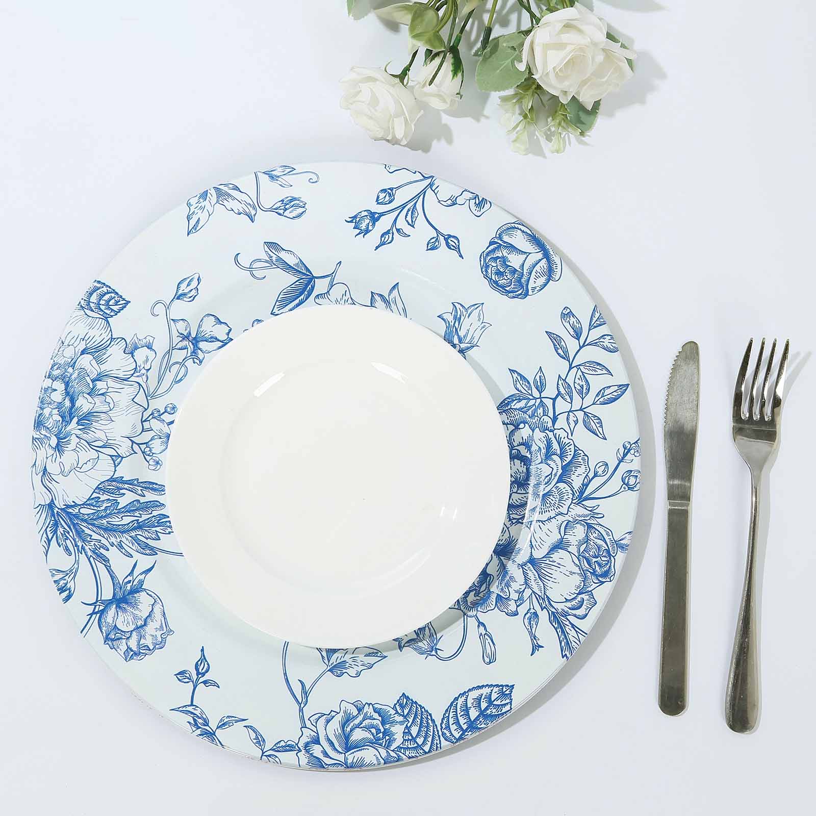 6-Piece Set of White Acrylic Round Charger Plates with Light Blue Floral French Toile Design - Ideal for Dinner Parties