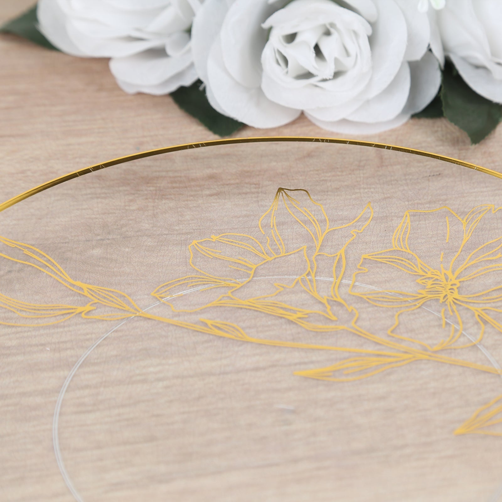 Set of 20 Disposable Clear Plastic Dinner and Dessert Plates with Metallic Gold Floral Design