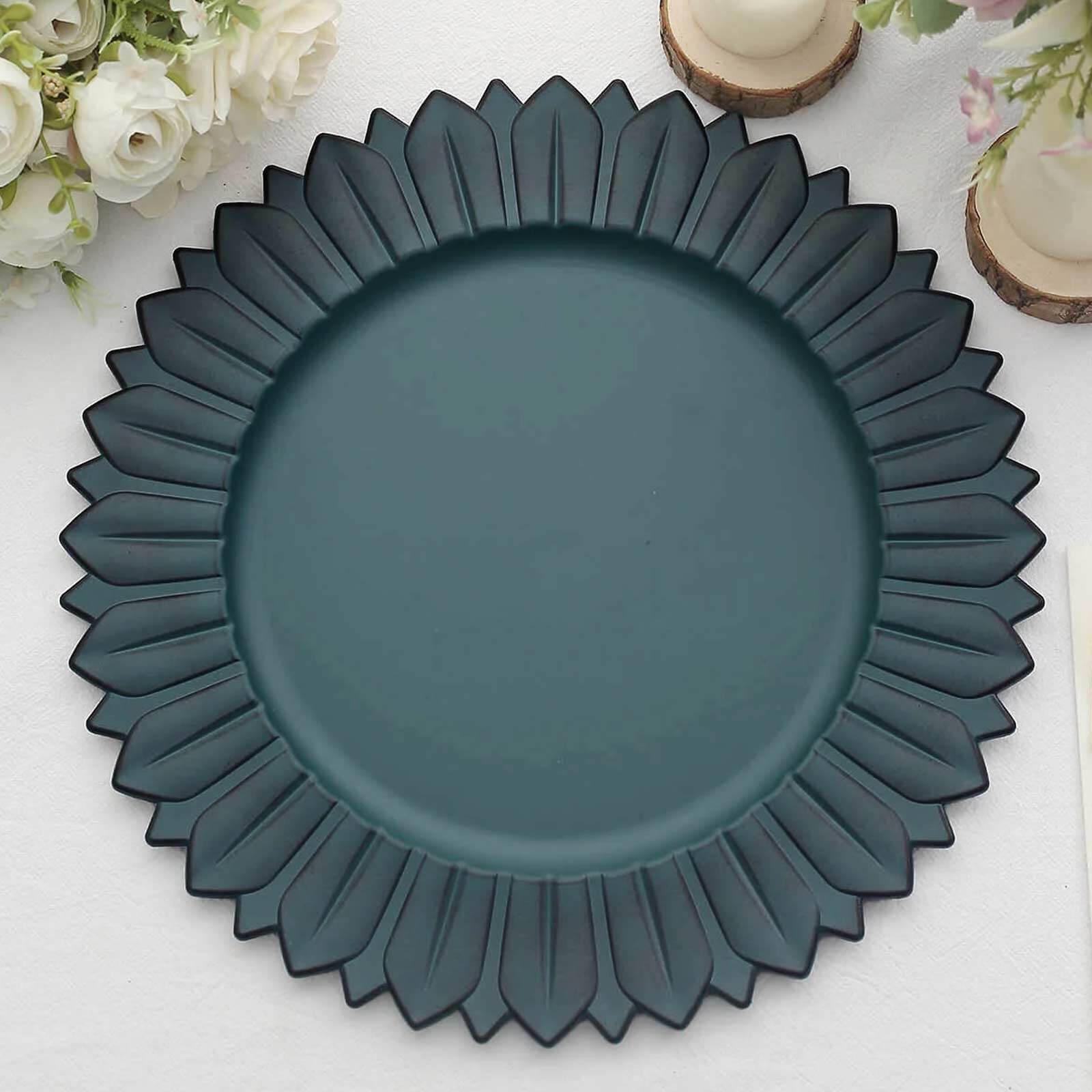 6-Piece Set of 13-Inch Matte Teal Plastic Round Charger Plates with Sunflower Rim