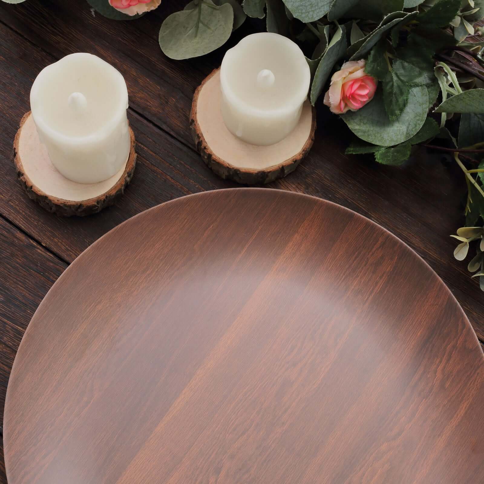 Set of 6 Disposable Shatterproof Brown Wood Grain Melamine 10-Inch Round Dinner Plates for Rustic Party Decor