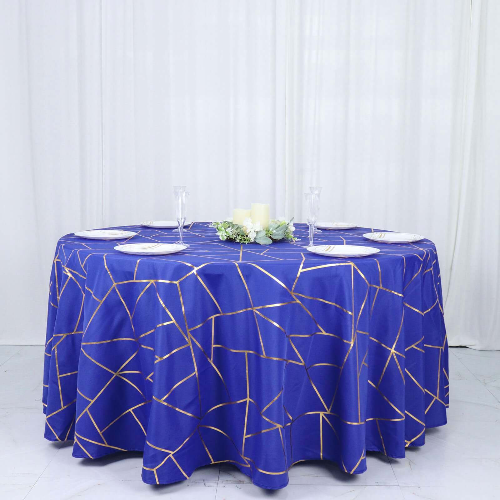 Wrinkle-Resistant Seamless Royal Blue Polyester Round Tablecloth with Gold Foil Geometric Design, 120' Dia.