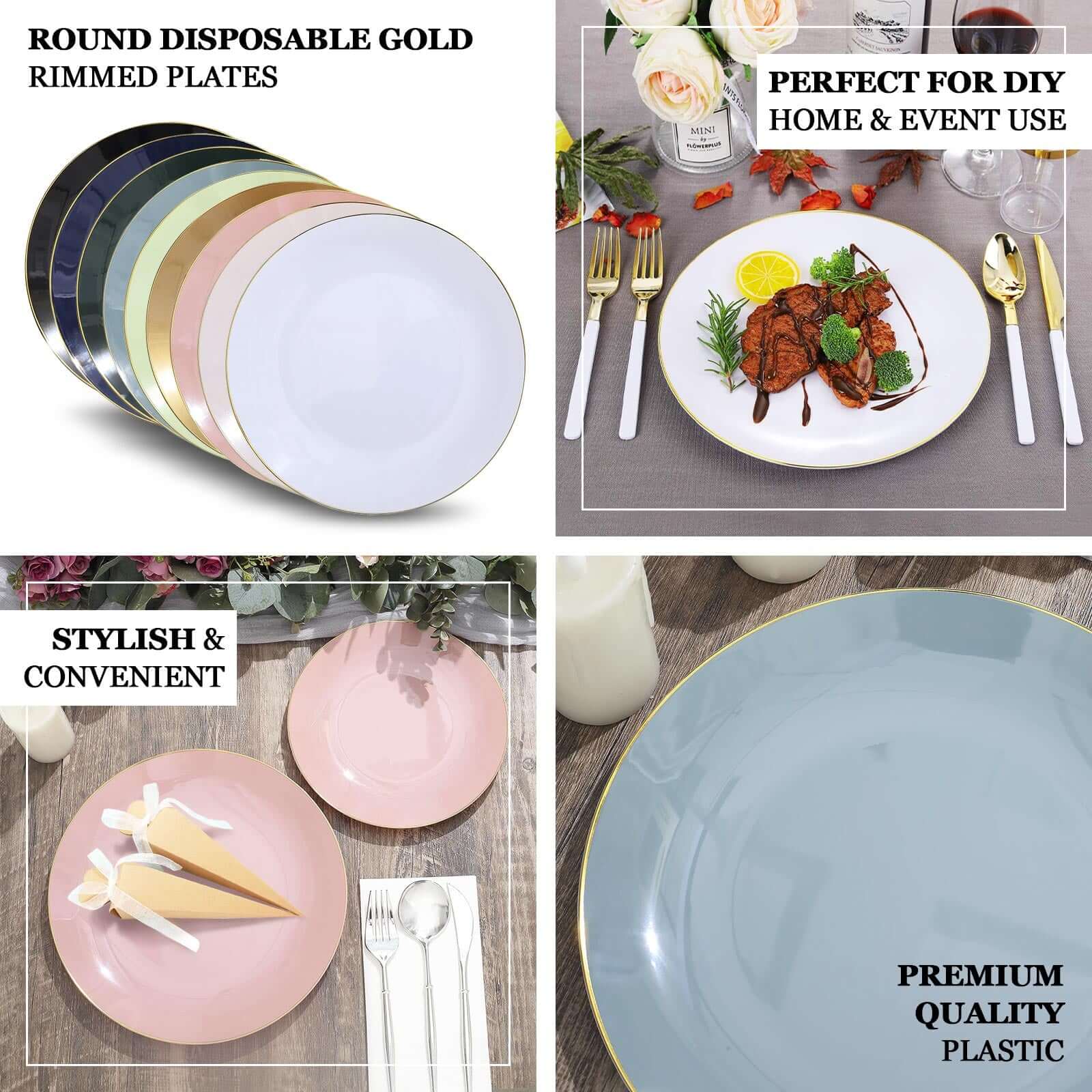 10-Piece Set of White Plastic Round Dinner Plates with Gold Rim - Disposable for Banquets and Special Events