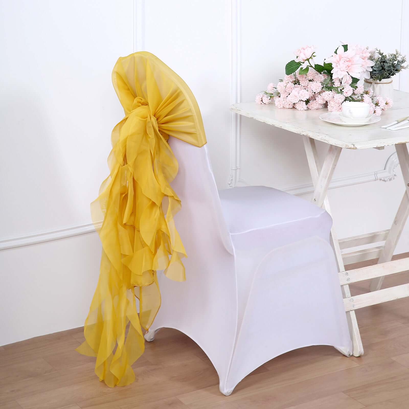 Mustard Yellow Chiffon Chair Sashes Set with Willow Ruffles - Elegant Chair Bow Decor