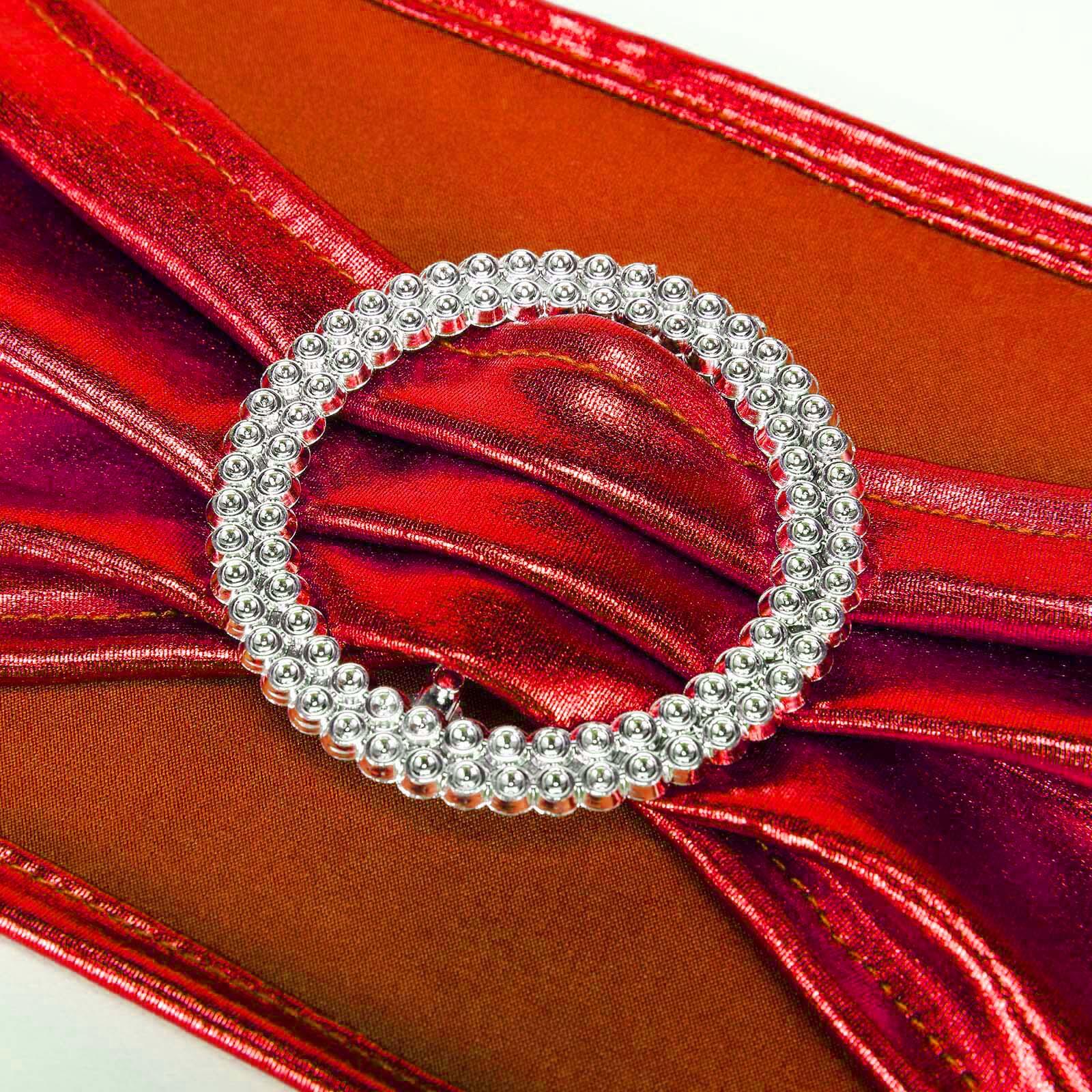 5-Pack Metallic Red Spandex Chair Sashes with Round Diamond Buckles - Stretch Fit for Parties
