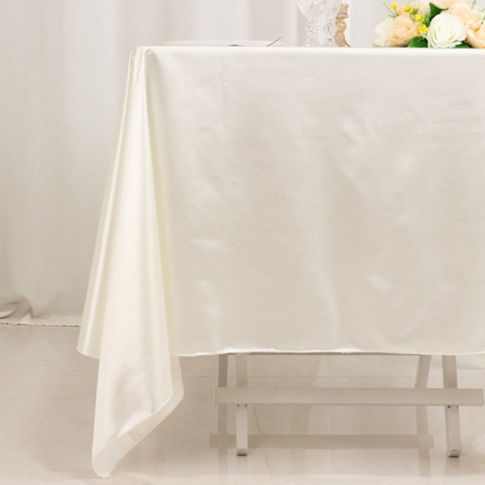 Wrinkle-Free & Stain-Resistant Shimmer Pearl White 70x70 Premium Scuba Square Tablecloth for Weddings and Parties