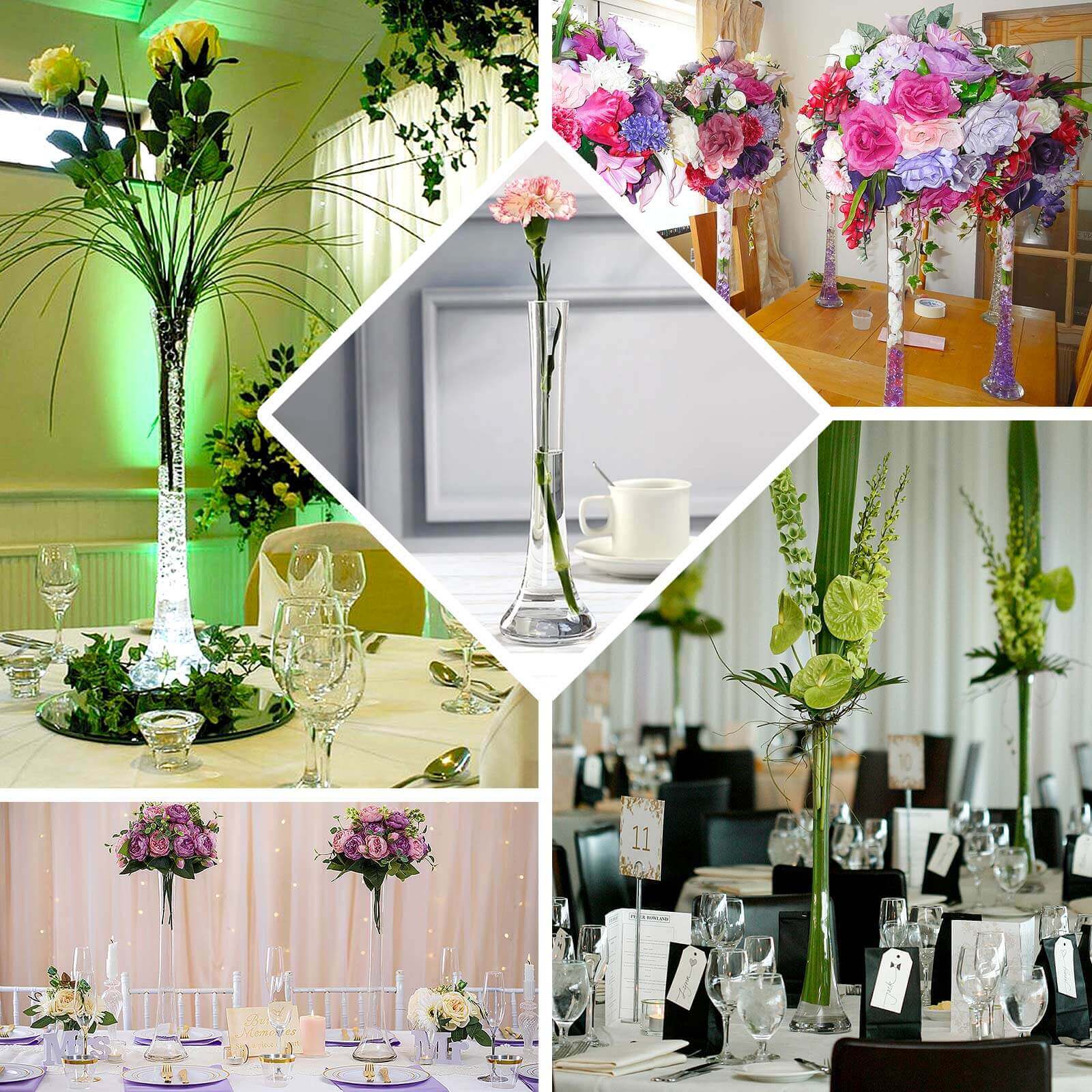 Set of 6 Clear Hand - Blown Glass Eiffel Tower Vases with Round Base, 16 Inches Tall for Weddings