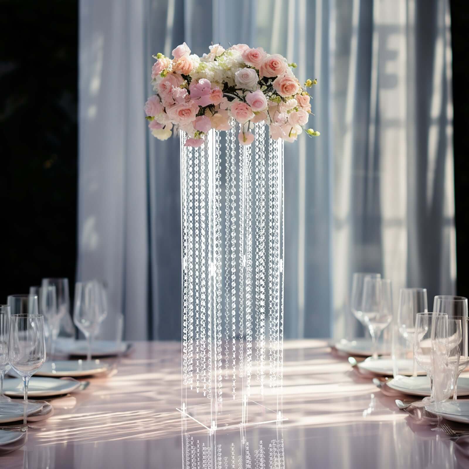 Clear Acrylic Flower Pedestal Vase with Crystal Beads - Elegant 40" Wedding Floor Centerpiece