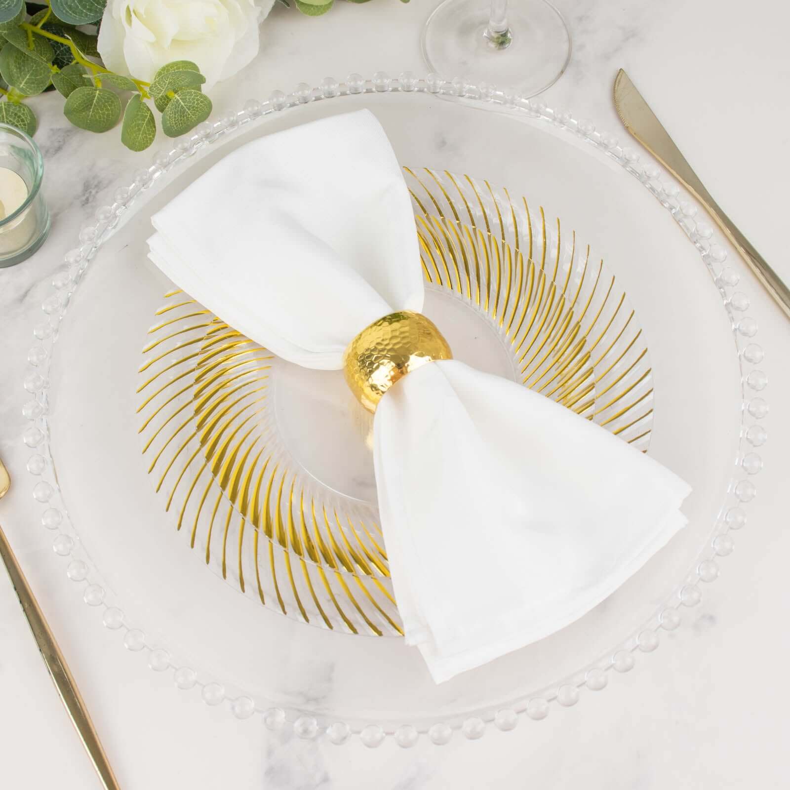 10-Pack Clear Plastic Round Dinner Plates with Gold Swirl Rim - Ideal Disposable Plates for Elegant Parties