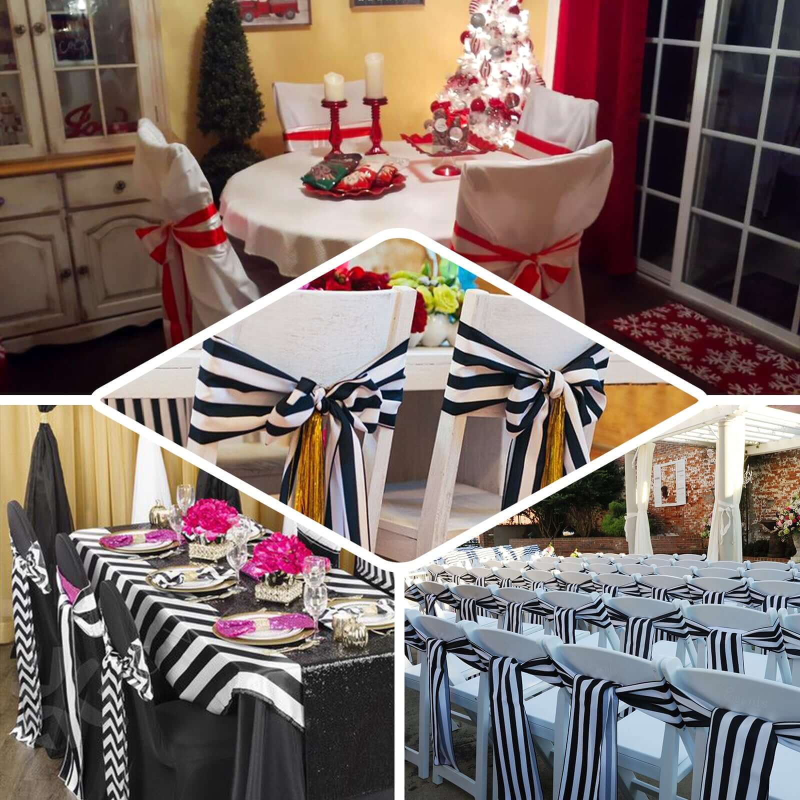 5-Pack Satin Chair Sashes in Black/White Stripes - Ideal Decor for Weddings and Gatherings
