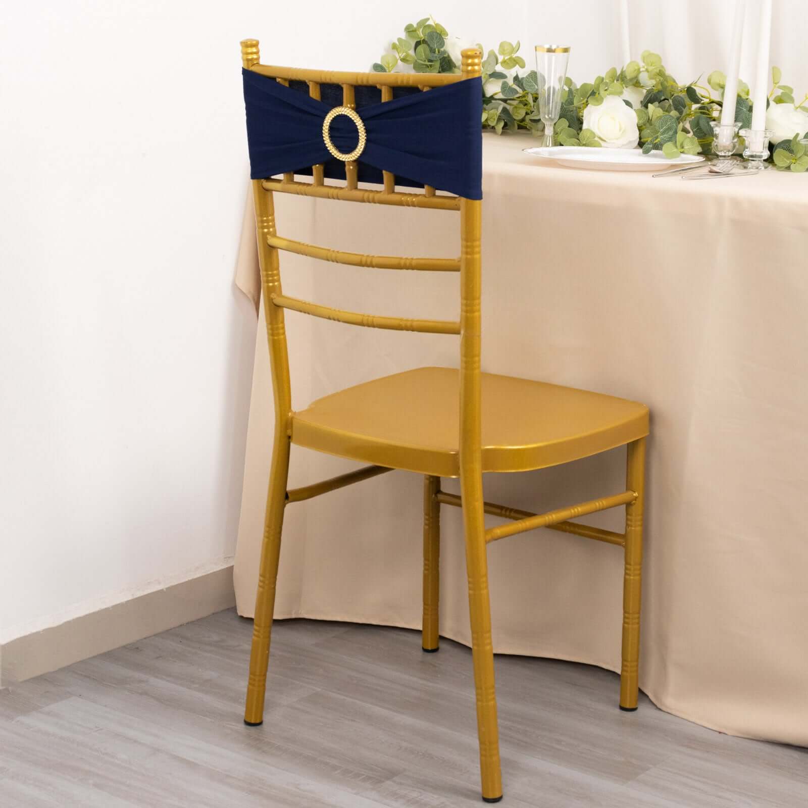 5-Piece Set of Navy Blue Spandex Chair Sashes with Gold Rhinestone Buckles - Reusable 4-Way Stretch Bands